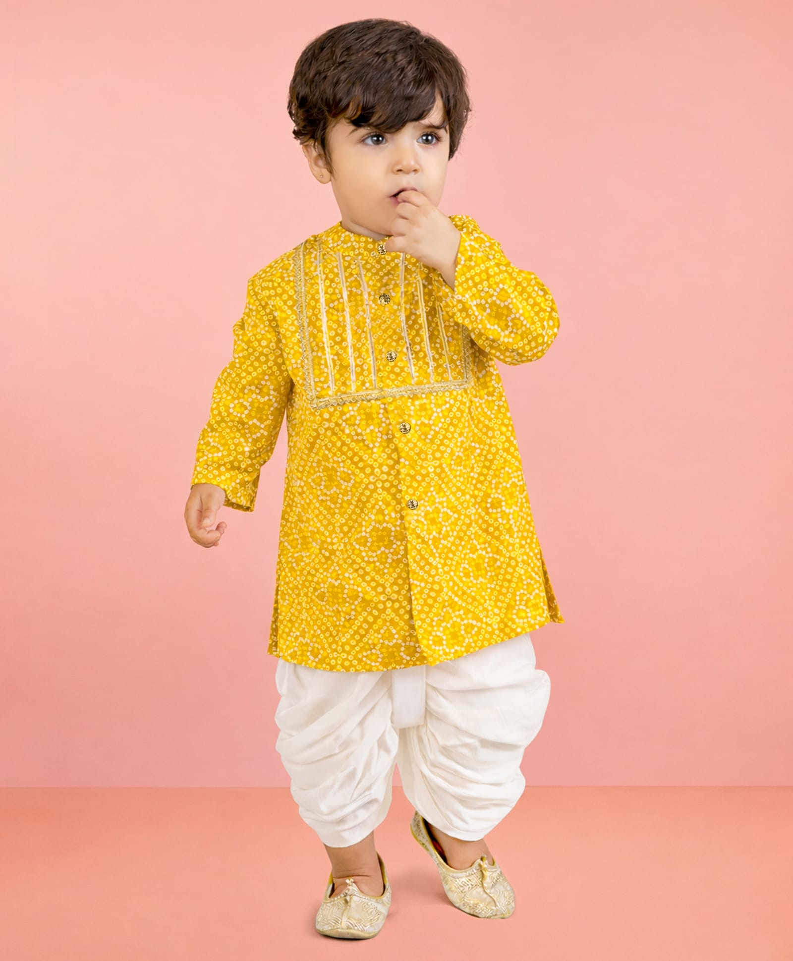 Vastramay Pure Cotton Woven Full Sleeves Bandhani Printed Kurta & Dhoti Set - Yellow-picture-15