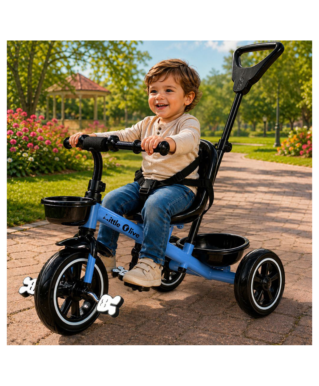 Little Olive Little Glide Tricycle with Parent Push Handle, Safety Seat & Storage Basket - Blue-picture-6