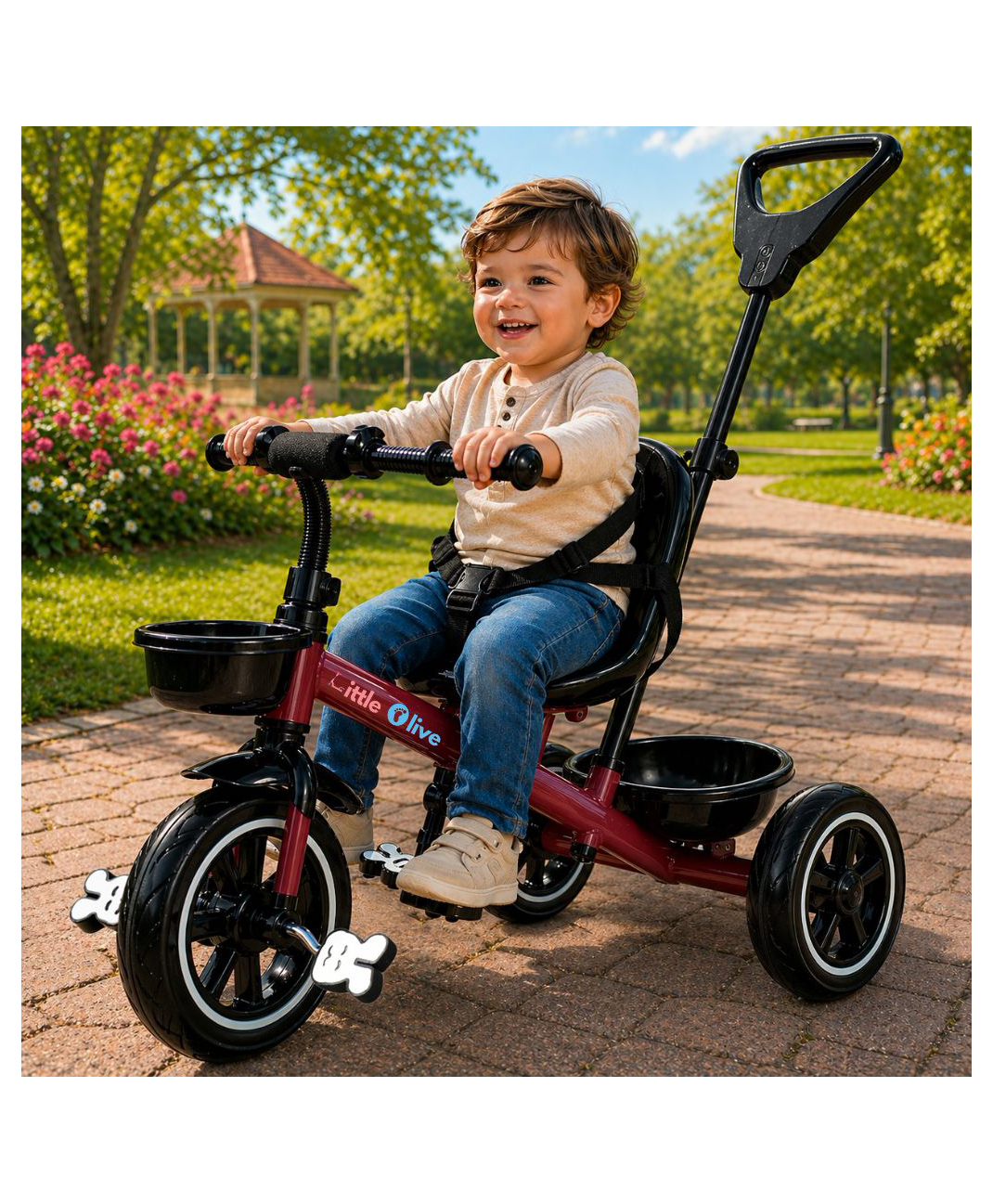 Little Olive Little Glide Tricycle with Parent Push Handle, Safety Seat & Storage Basket - Maroon-picture-7