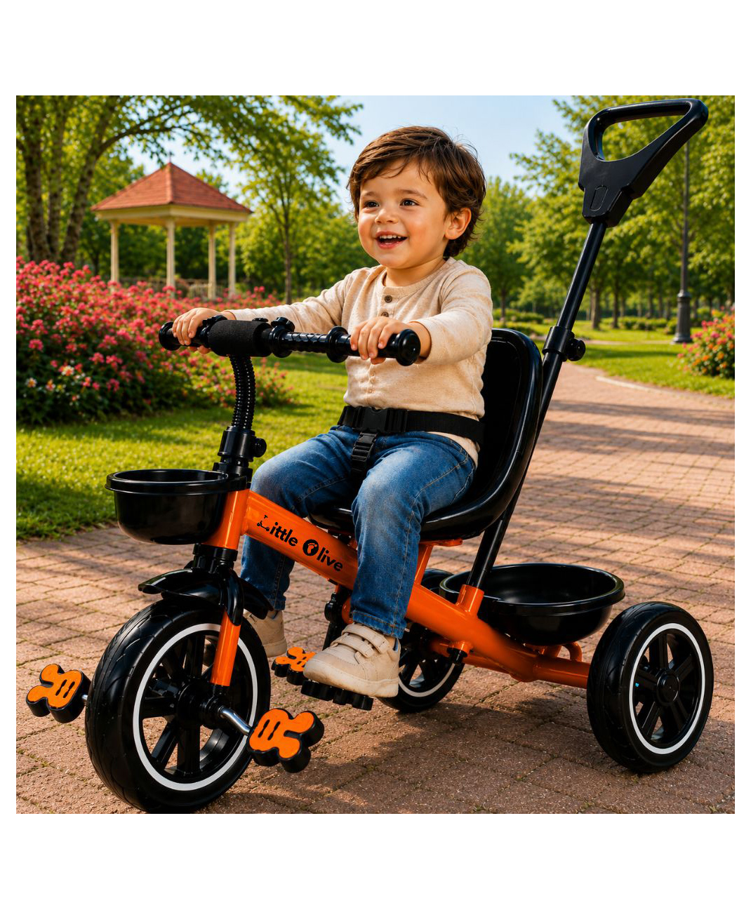 Little Olive Little Glide Tricycle with Parent Push Handle, Safety Seat & Storage Basket - Orange-picture-5