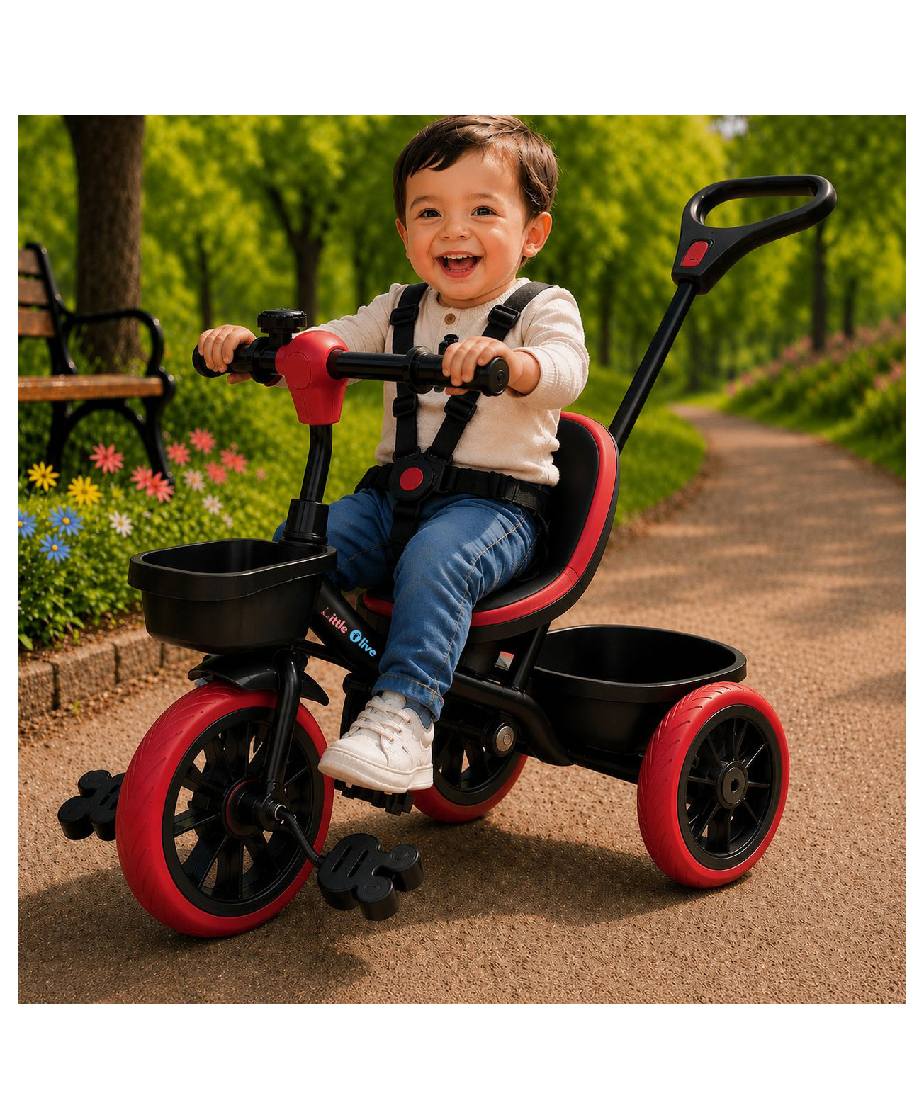 Little Olive Mini Moto Tricycle with Parent Push Handle, Safety Seat & Storage Basket - Black-picture-9