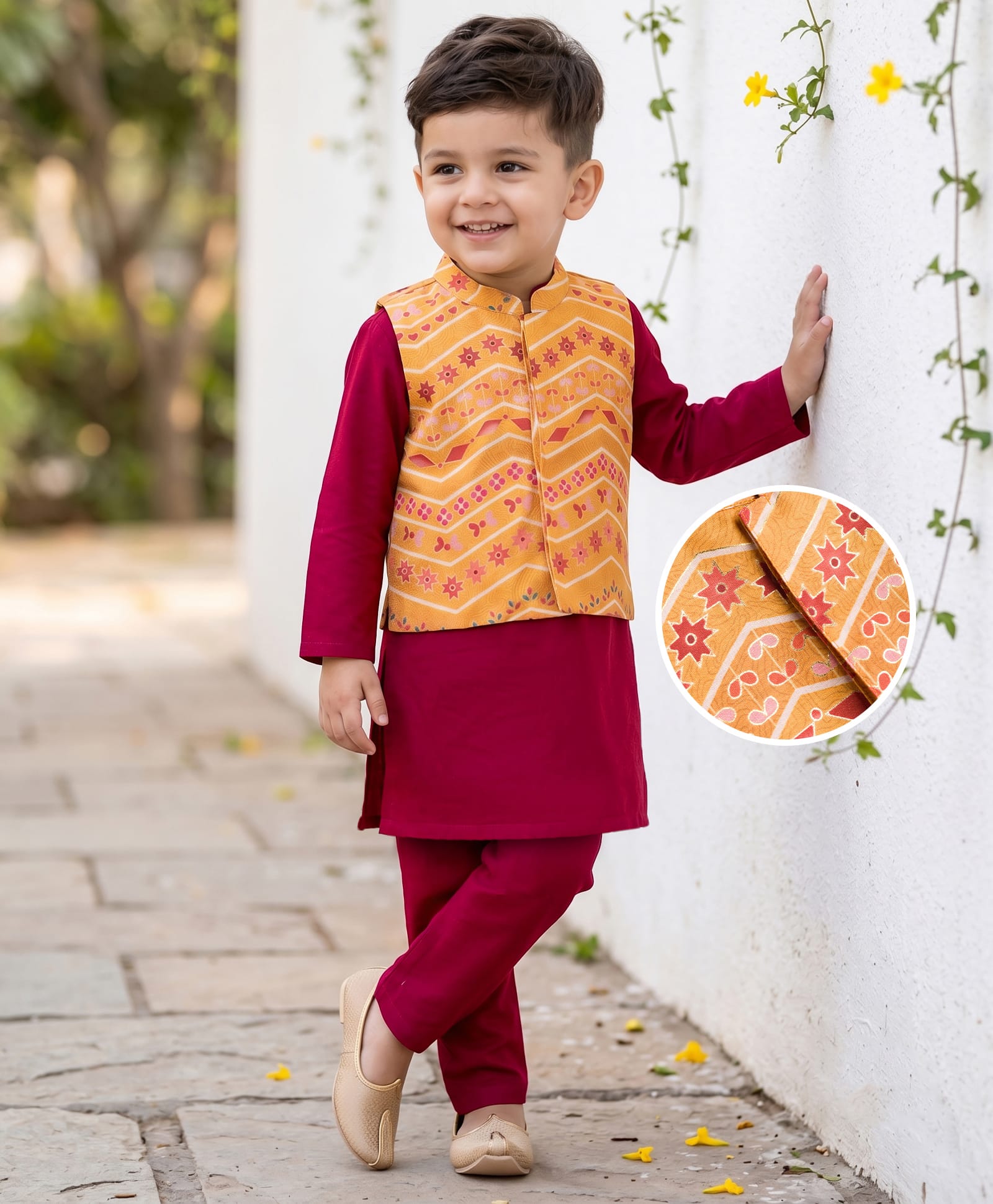 Babyhug Woven Full Sleeves Solid Colour Kurta Pajama Set with Floral Printed Nehru Jacket - Maroon-picture-19