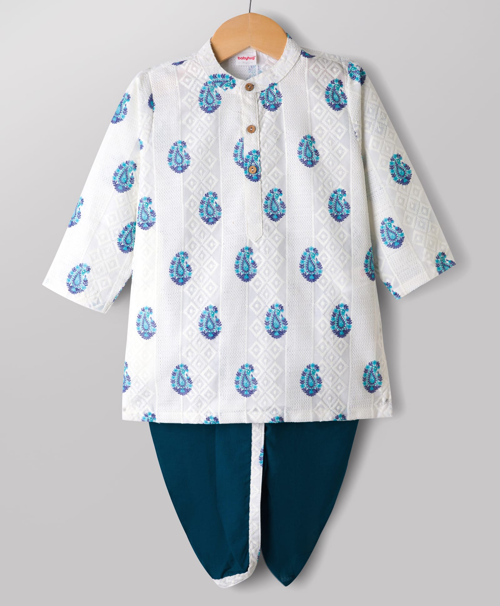 Babyhug Cambric Woven Full Sleeves Floral Kolka Dobby Printed Kurta Dhoti Set - Off White-image-8