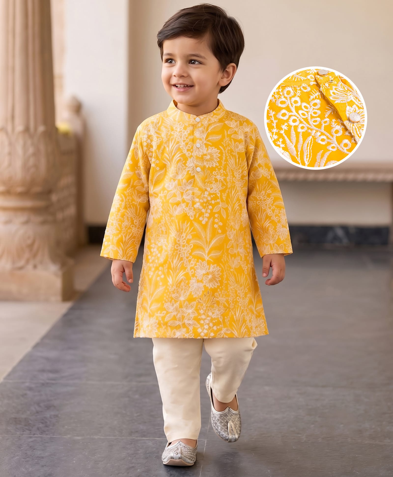 Babyhug Chanderi Woven Full Sleeves Kurta Pyjama Set With Floral Embroidery - Yellow-picture-15