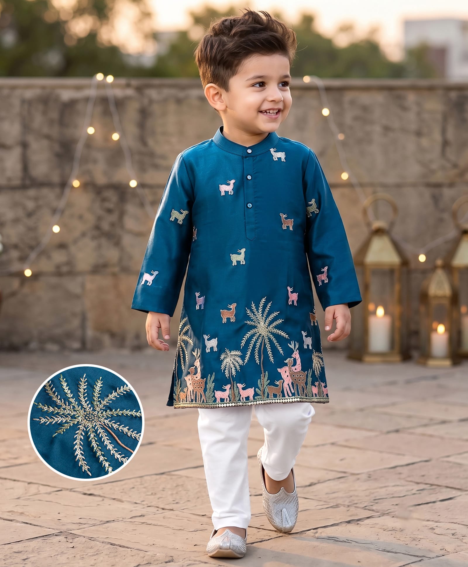 Babyhug Chanderi Woven Full Sleeves Animal Embroidered Kurta & Pyjama Set - Navy Blue-image-37