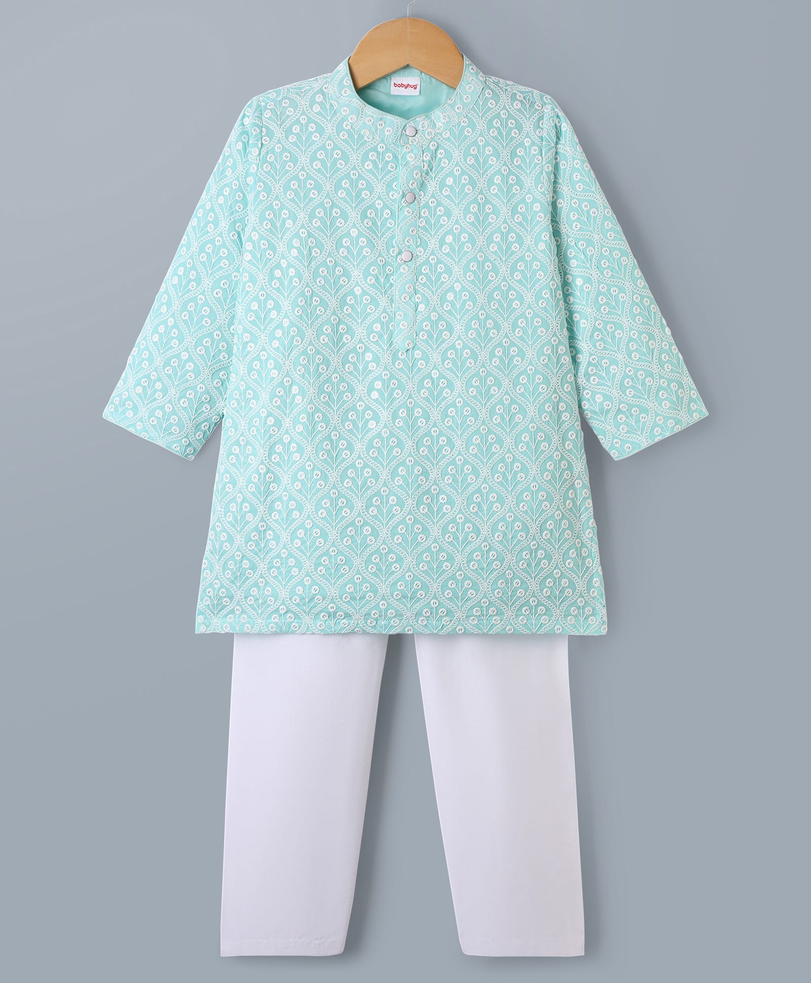 Babyhug Cotton Woven Full Sleeves Kurta & Pyjama Set With Floral Embroidery - Sky Blue-picture-24