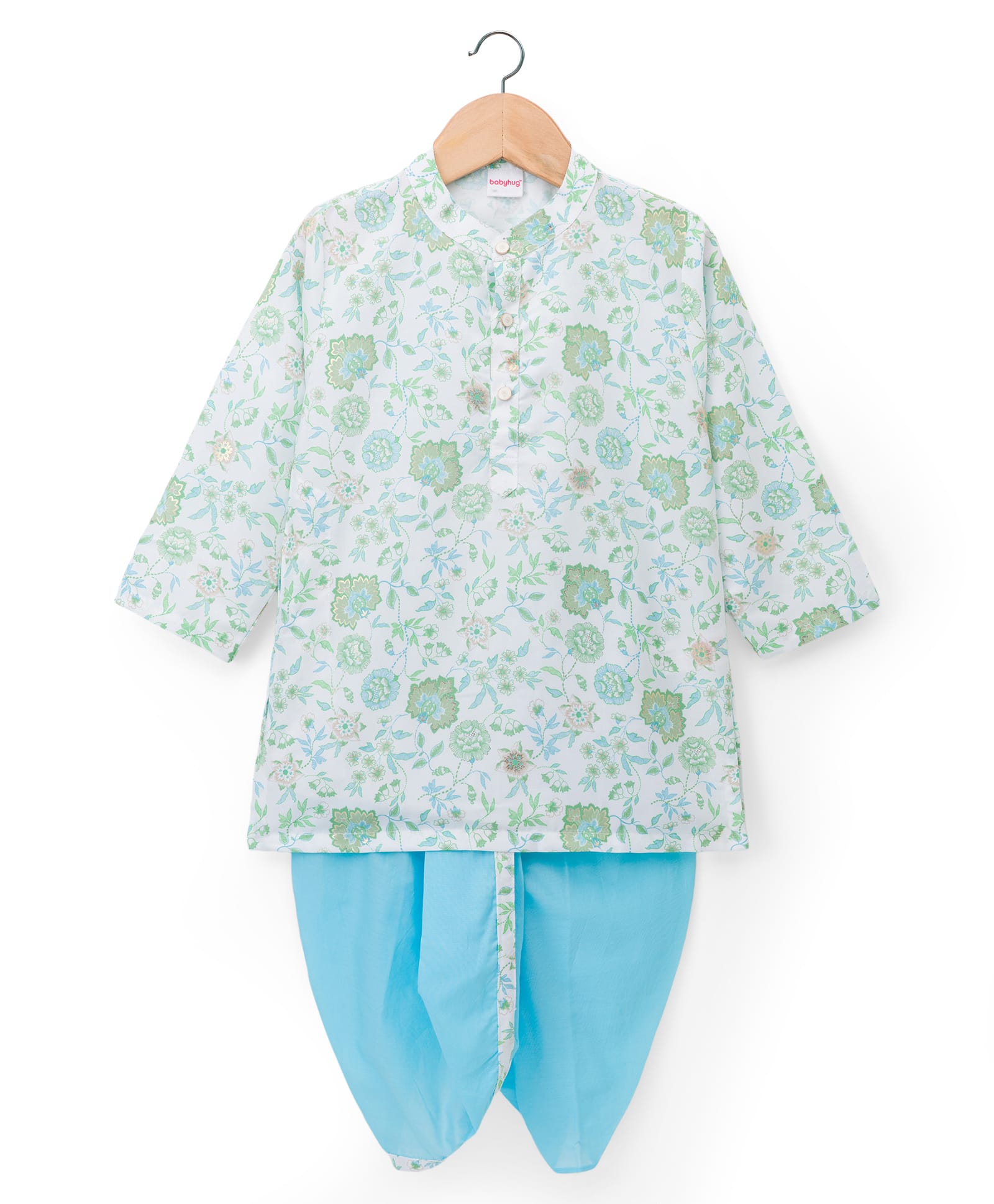 Babyhug Cambric Woven Full Sleeves Kurta Dhoti Set With Floral Print - Green-image-16