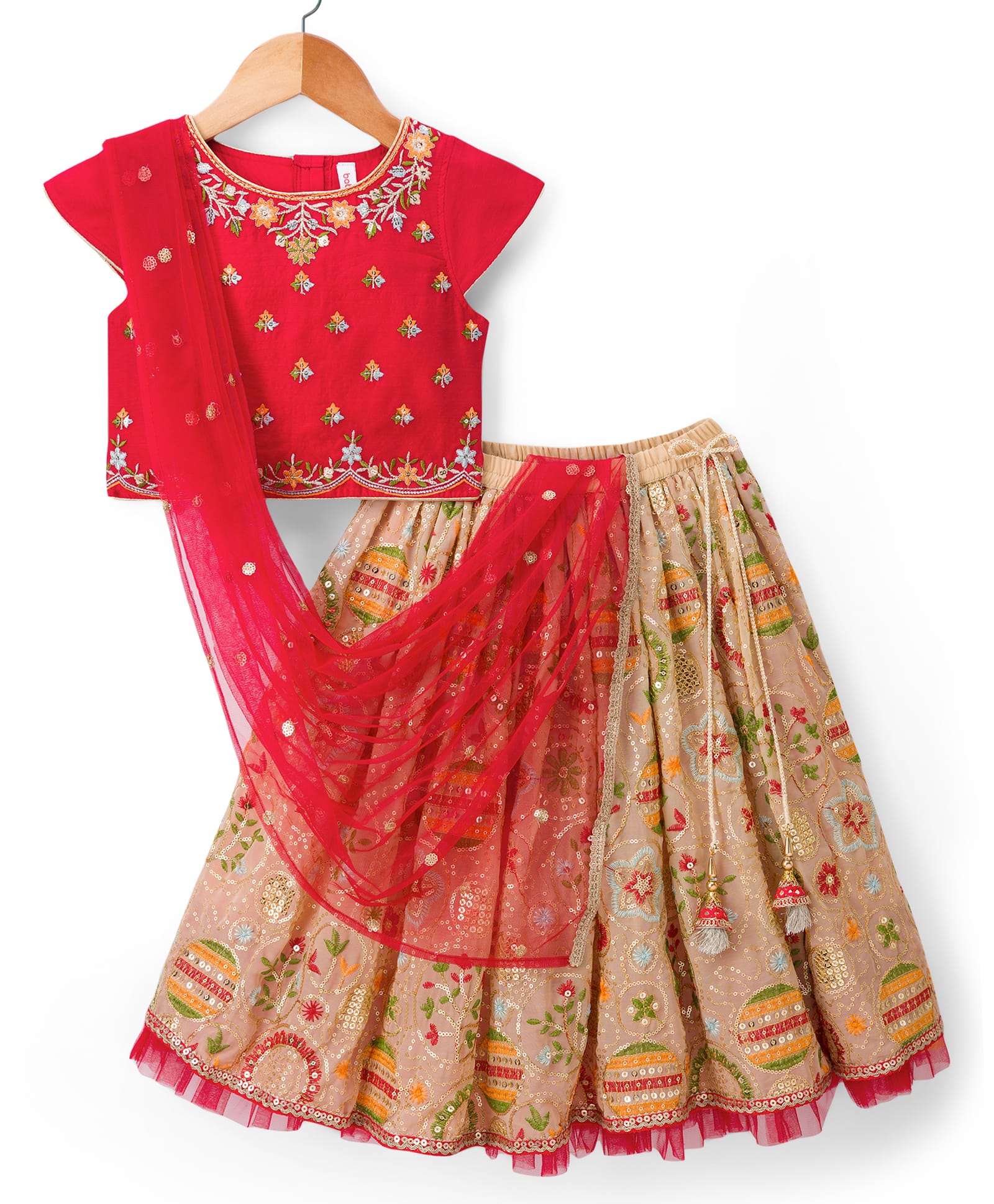 Babyhug Chanderi Woven Half Sleeves Choli Lehenga Set with Floral Embroidery & Dupatta - Beige & Red-image-6