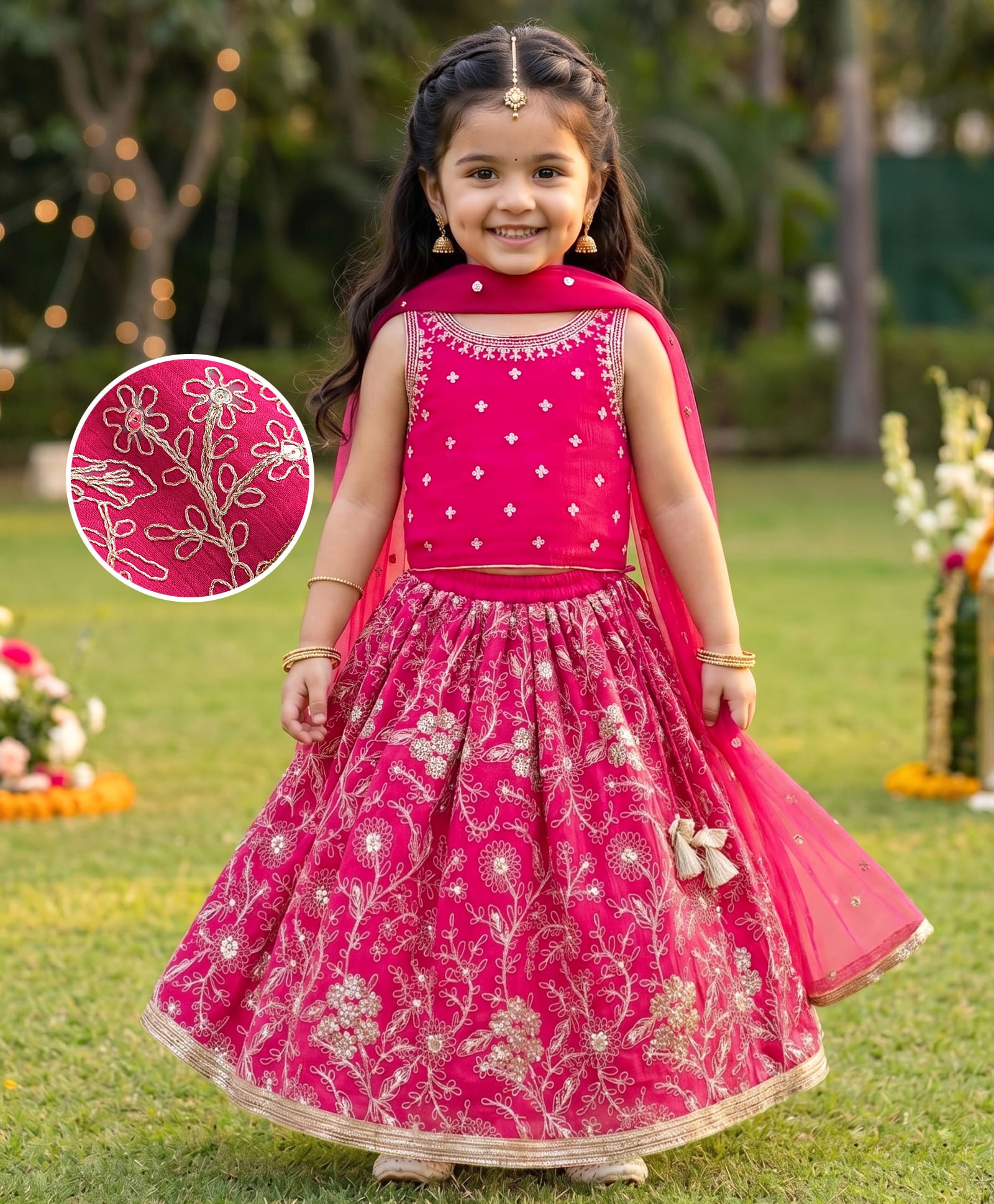Babyhug Chanderi Woven Sleeveless Choli Lehenga Set & Dupatta With Sequin Detailing - Fuschia-picture-13