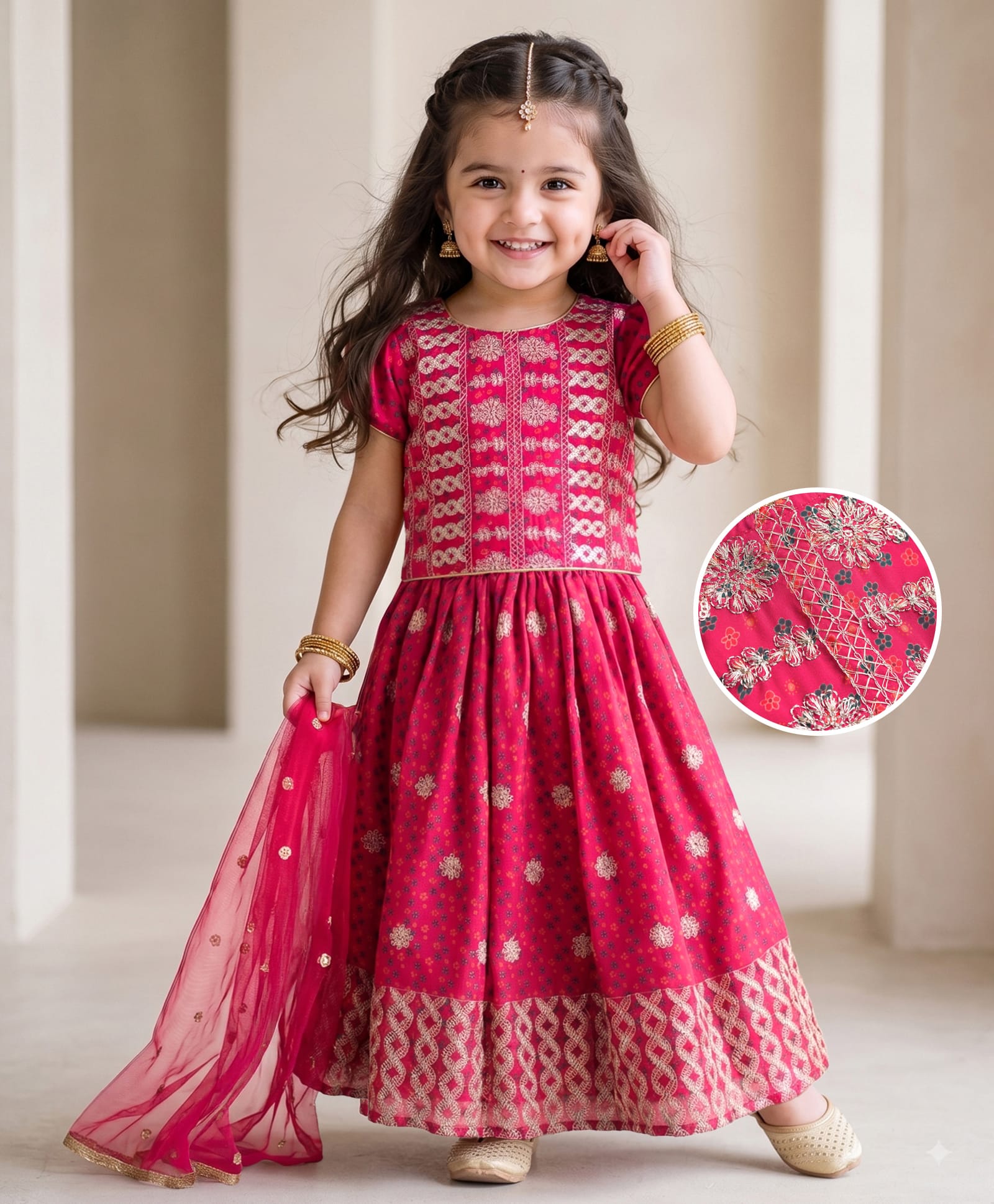 Babyhug Woven Half Sleeves Floral Printed & Embroidered Lehenga Choli Set With Dupatta Set - Fuchsia-picture-2