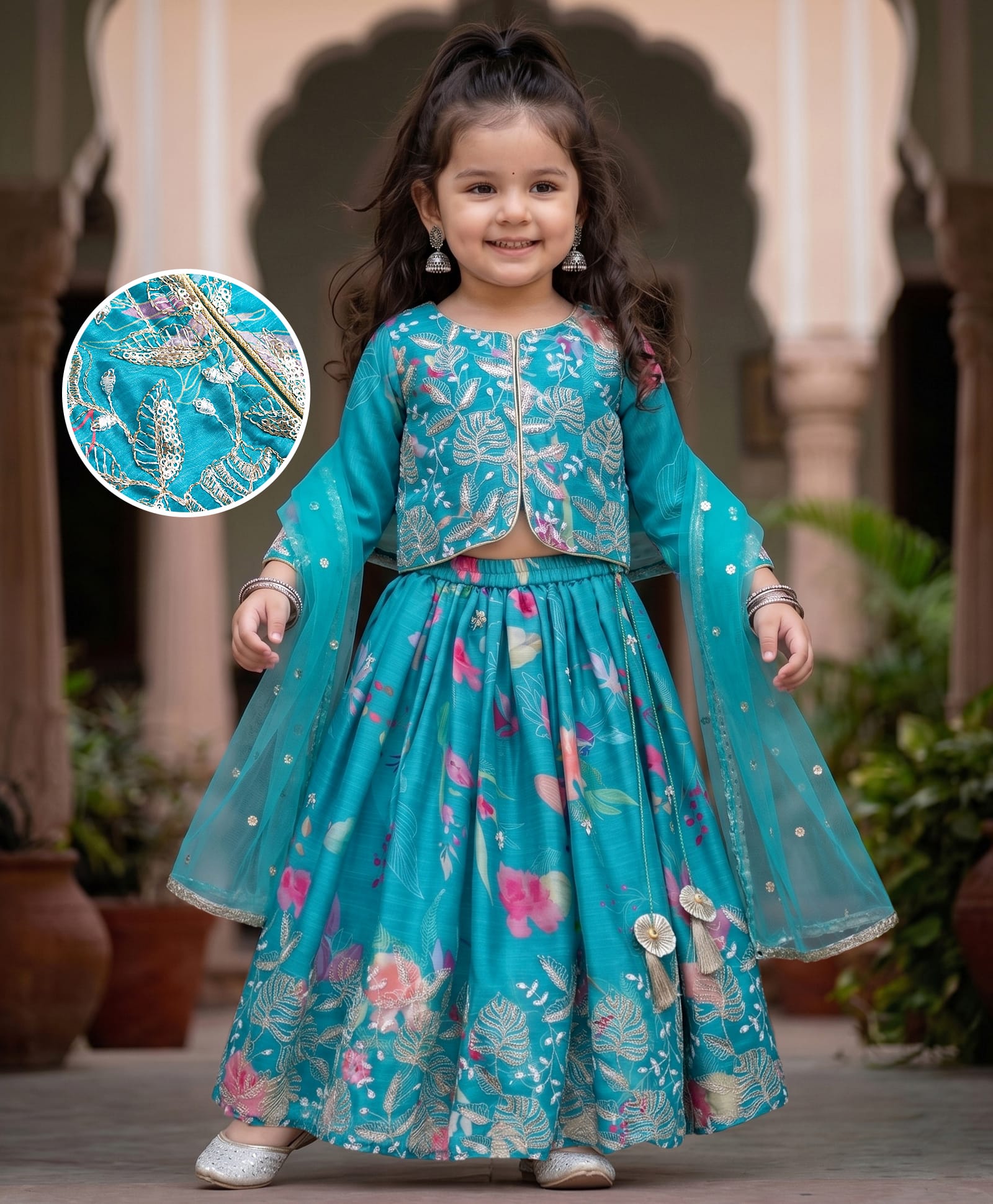 Babyhug Chanderi Woven Full Sleeves Embroidered Lehenga Choli Set & Dupatta With Floral Print & Sequin Detailing - Teal Blue-image-33