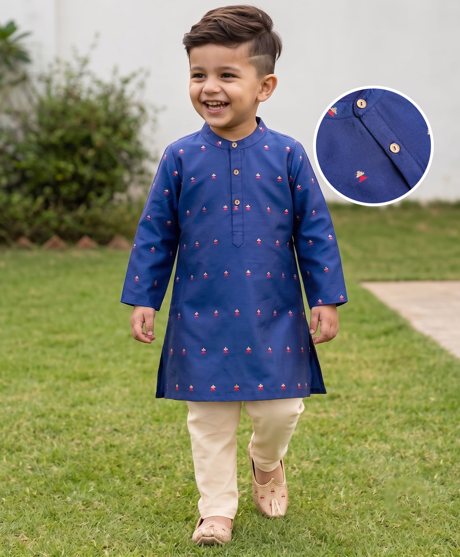 Babyhug Brocade Woven Full Sleeves Printed Kurta Pyjama Set - Navy Blue-picture-23