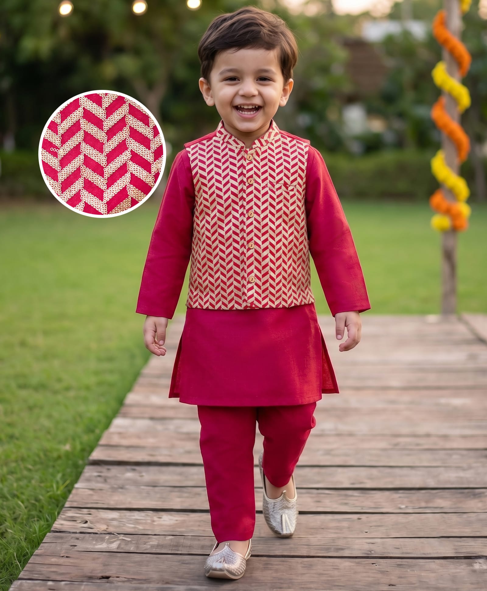 Babyhug Cotton Blend Woven Full Sleeves Kurta Pyjama Set With Nehru Jacket - Red-picture-28