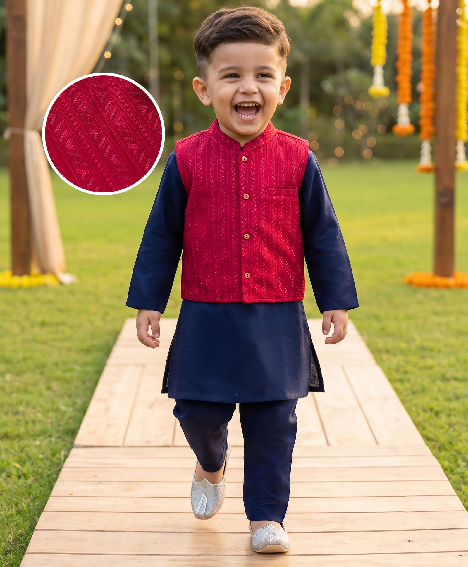 Babyhug Cotton Blend Woven Full Sleeves Solid Colour Kurta Pyjama Set with Embrodered Jacket - Navy-picture-24