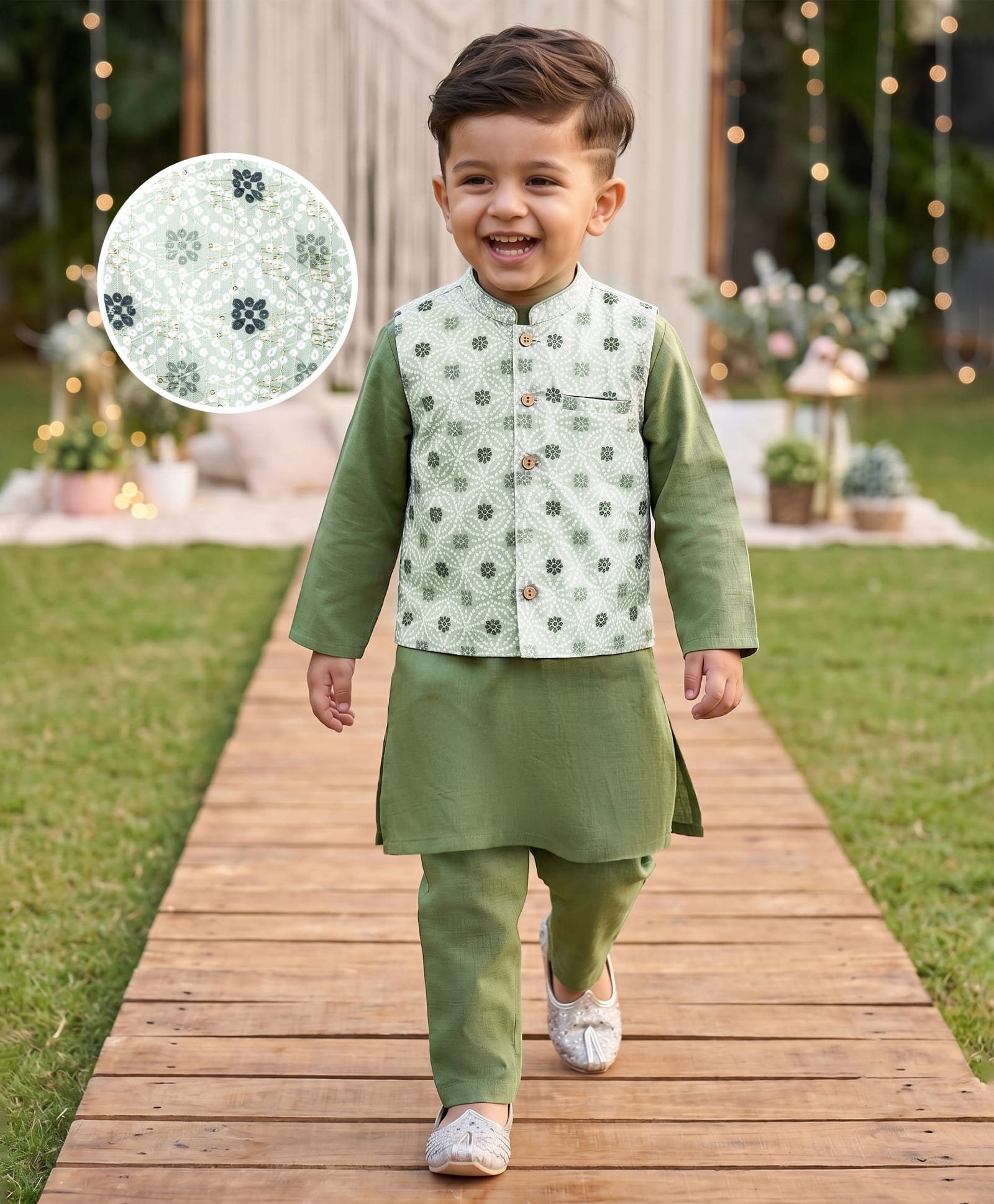 Babyhug Cotton Blend Woven Full Sleeves Kurta & Pyjama Set With Nehru Jacket & Floral Print - Olive Green-image-23