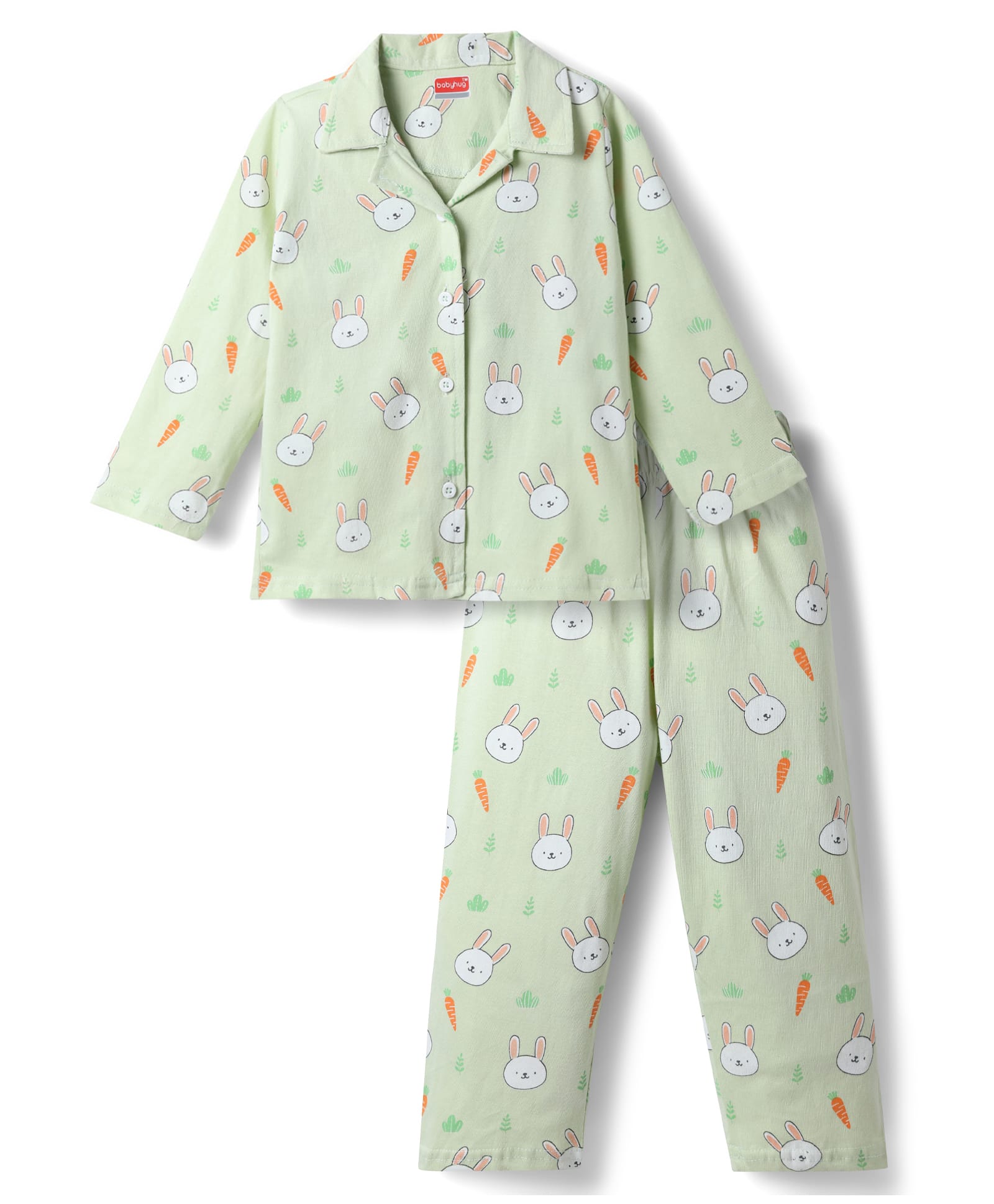 Babyhug Cotton Knit Full Sleeves Co Ord Shirt & Pyjama Night Suit Bunny Print - Green-image-30