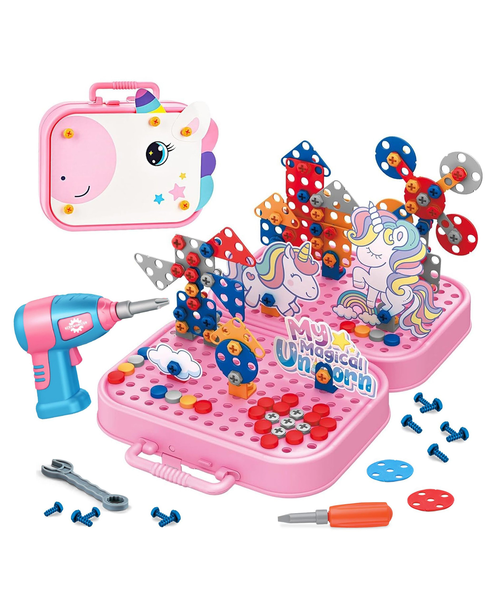 Kidology Unicorn Theme Mosaic Drill Toy Set for Kids | STEM Building Kit with Electric Screwdriver & 351 Pieces-picture-19