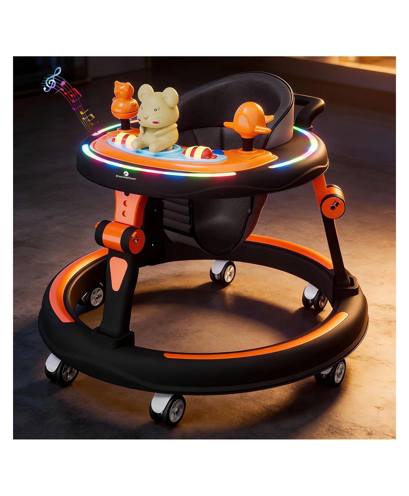 StarAndDaisy Baby Walkers With RGB Light, 7 Level Height Adjustment, Switchable Food & Musical Toy Tray -Orange & Black-image-44