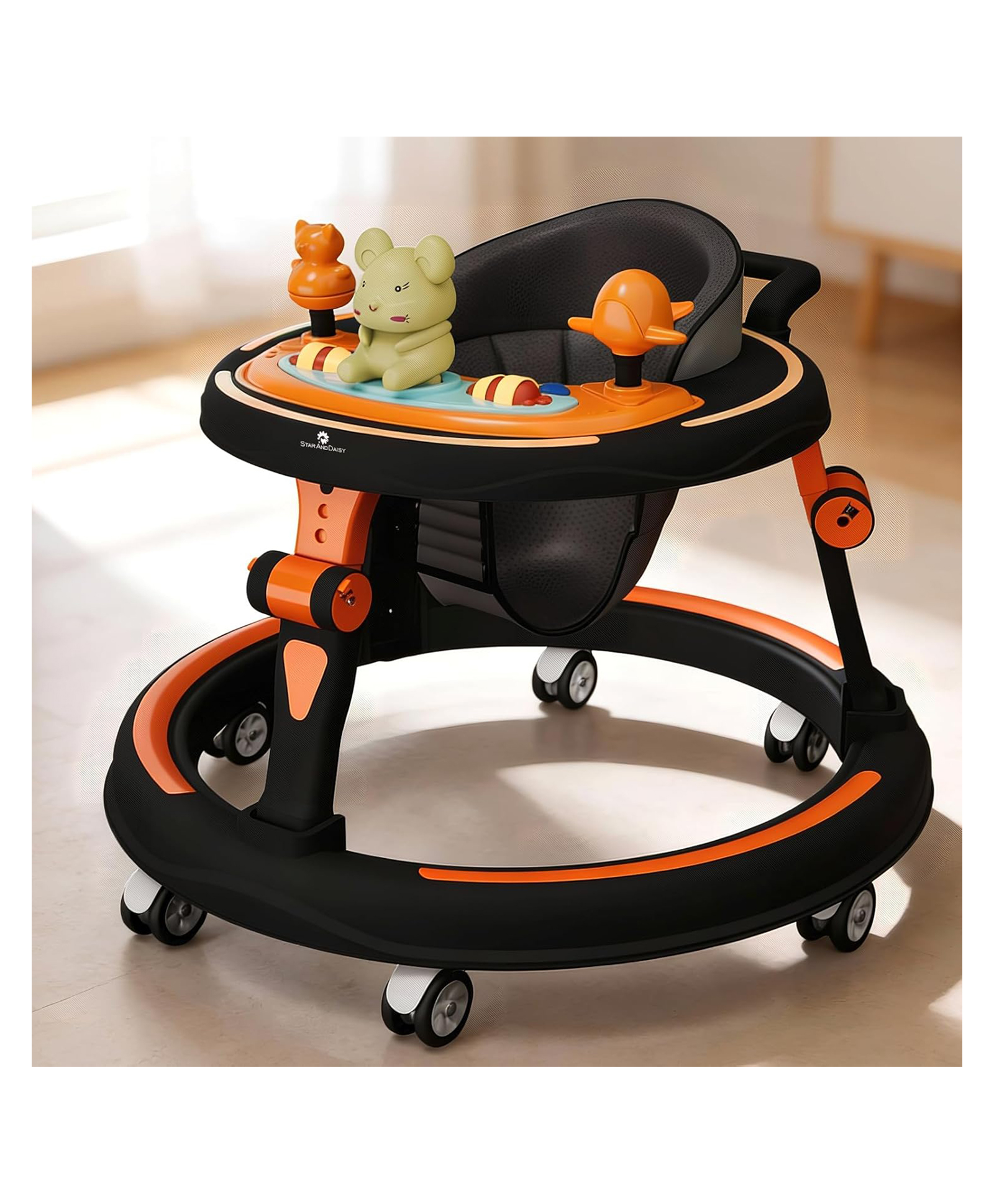 StarAndDaisy Baby Walkers With 7 Level Height Adjustment, Switchable Food & Musical Toy Tray -Orange & Black-picture-22