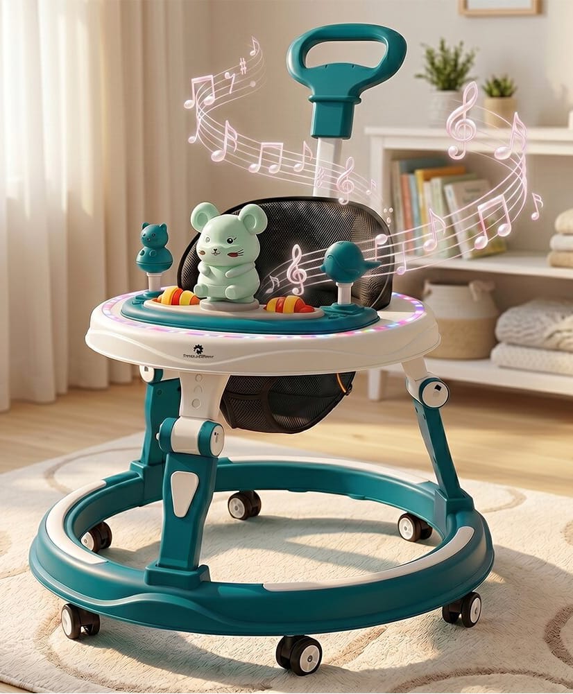 StarAndDaisy 360 Degree Baby Walker 7 Level Height Adjustment Walker for Kids Boy and Girl with Intergrated RGB Lights Switchable Food & Musical Toy Tray Premium with Parent Rod - Blue-picture-14