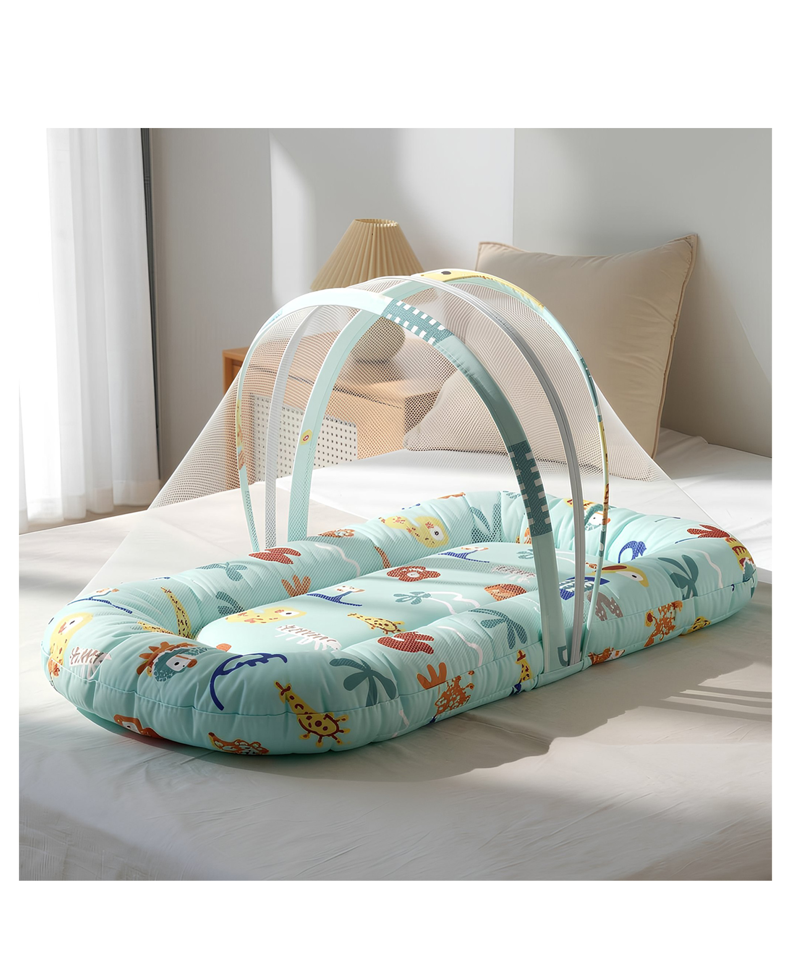 StarAndDaisy Baby Mosquito Net with 360° Widened Skirt Foldable,Spacious & Light-Proof Rust-Free 5-Point Frame With Aqua Print- Light Blue-image-5
