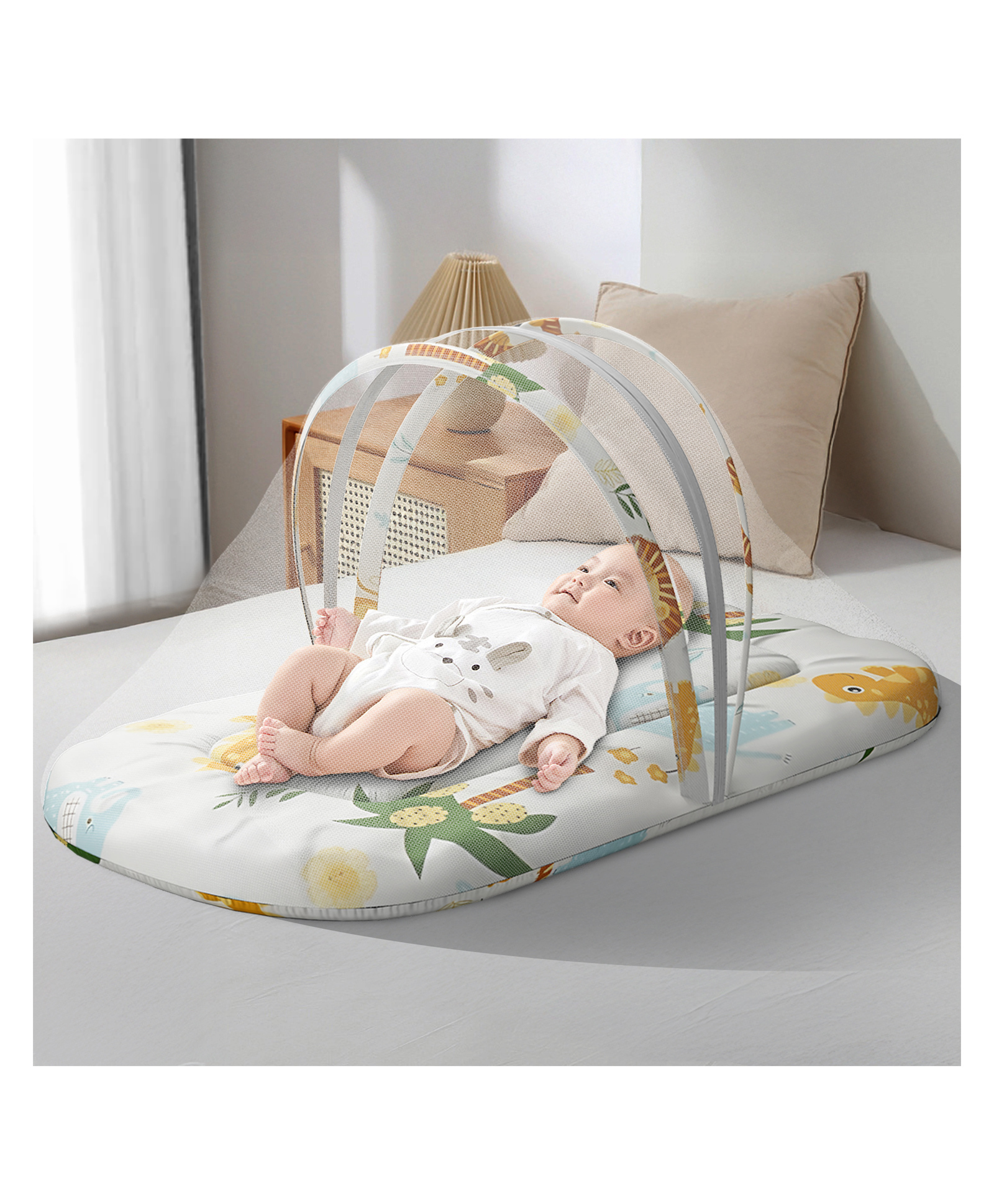 StarAndDaisy 3 in 1 Baby Mosquito net for Sleeping Newborn, Mosquito net for Baby Soft and Comfortable Bed With Safari Print - White-image-2