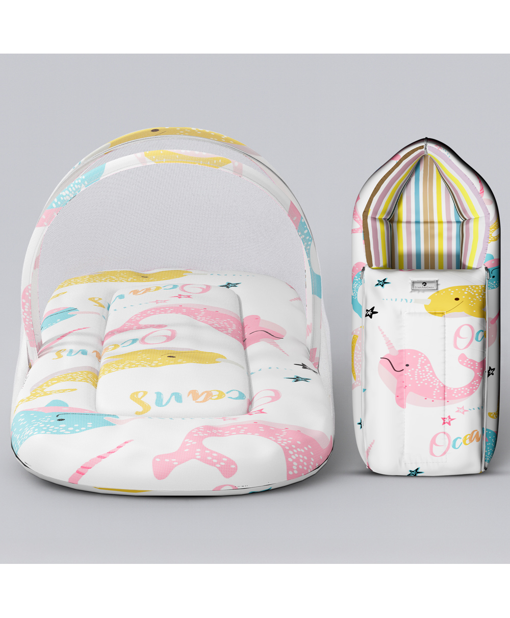 StarAndDaisy 2-in-1 Baby Sleeping Bag with Mosquito Net for Newborn Soft & Breathable Cotton Sleeping Sack Cum Wrapper Bag with Ocean Print- White-image-31