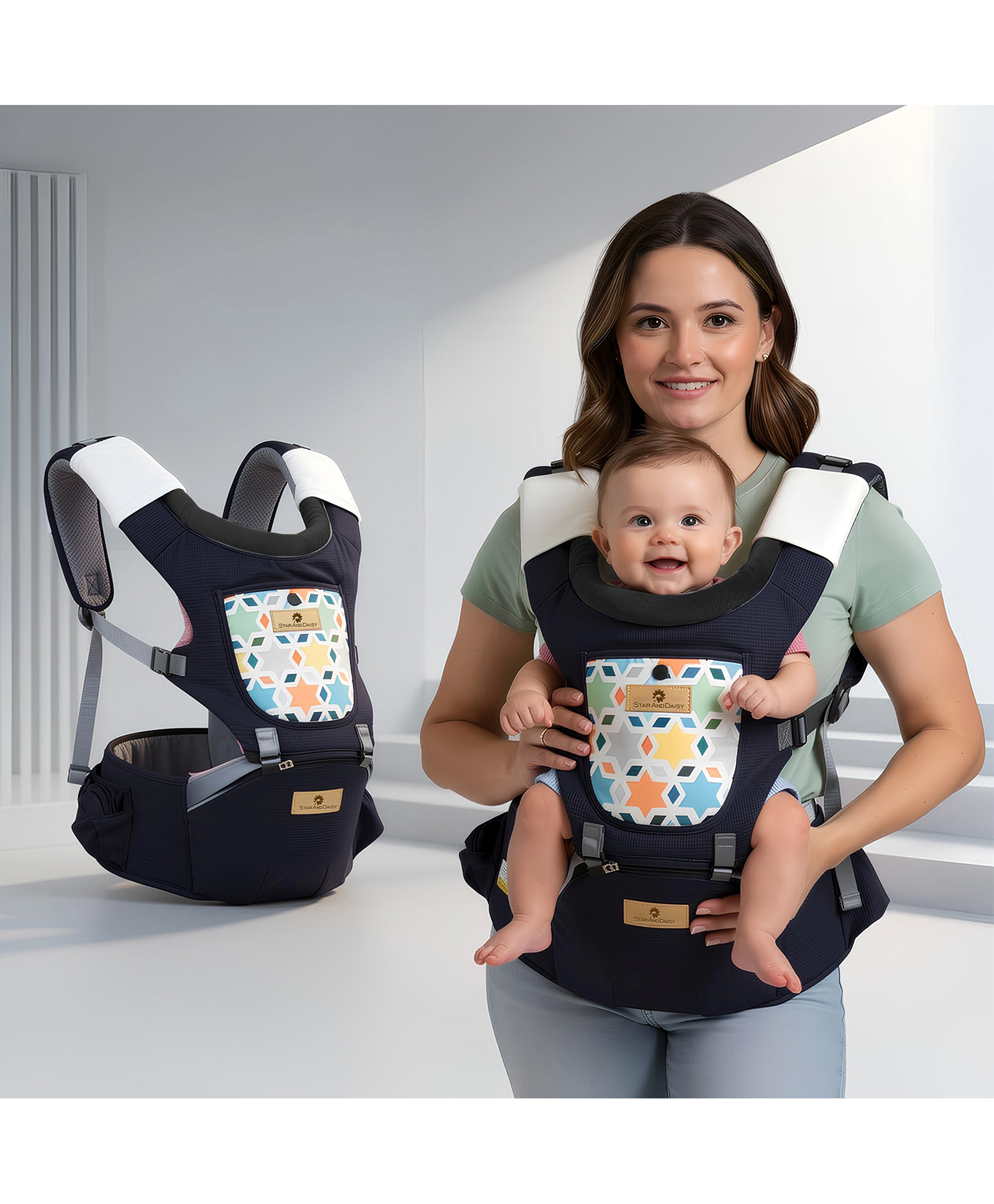 StarAndDaisy 4 in 1 Baby Carrier with Hip seat, 4 Carry Positions, for 6 to 24 Months Babies, Adjustable New-Born to Toddler Carrier With Balloon Print - Blue-picture-19