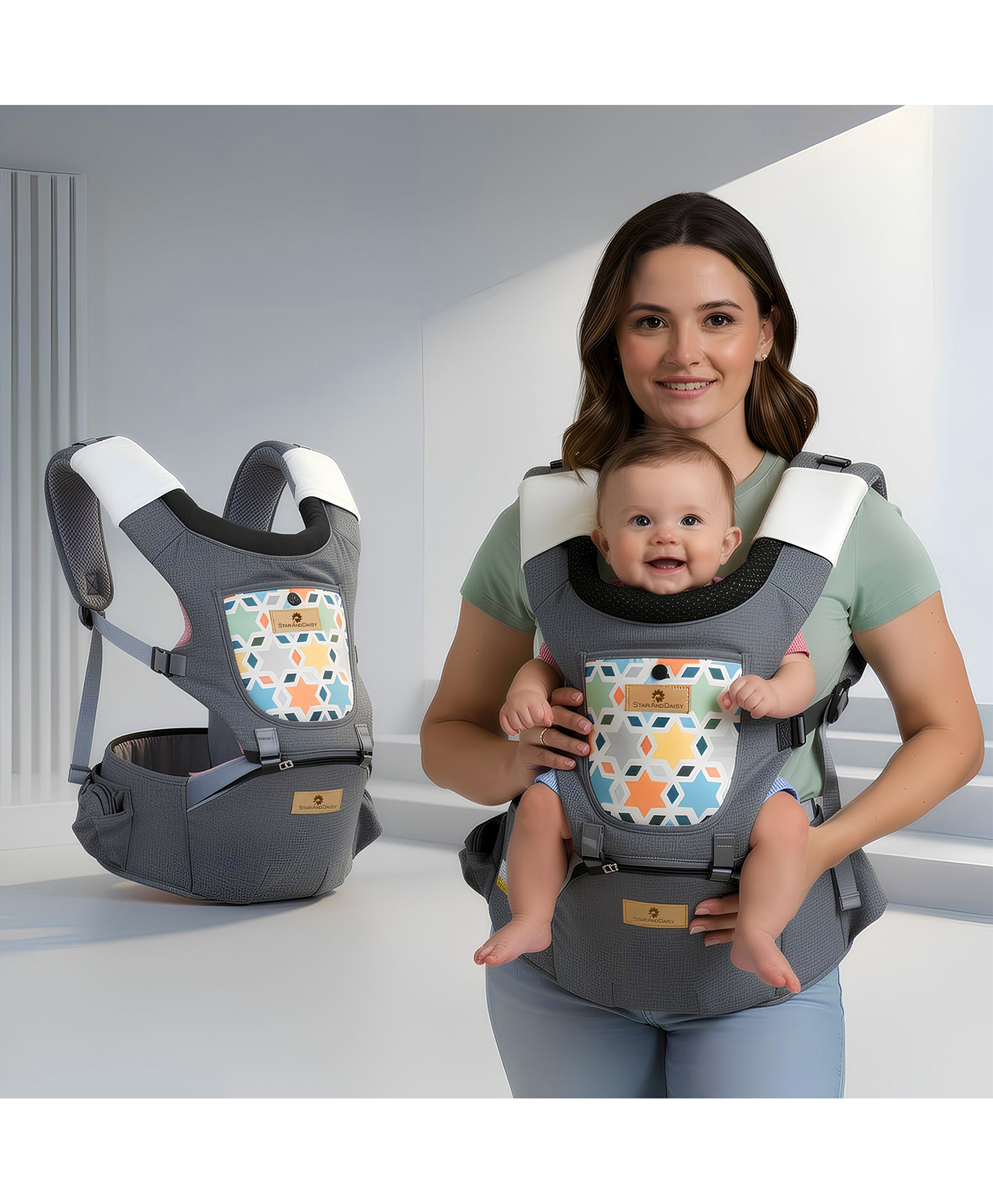 StarAndDaisy 4 in 1 Adjustable Baby Carrier With Hip Seat & 4 Carry Positions - Grey-image-19