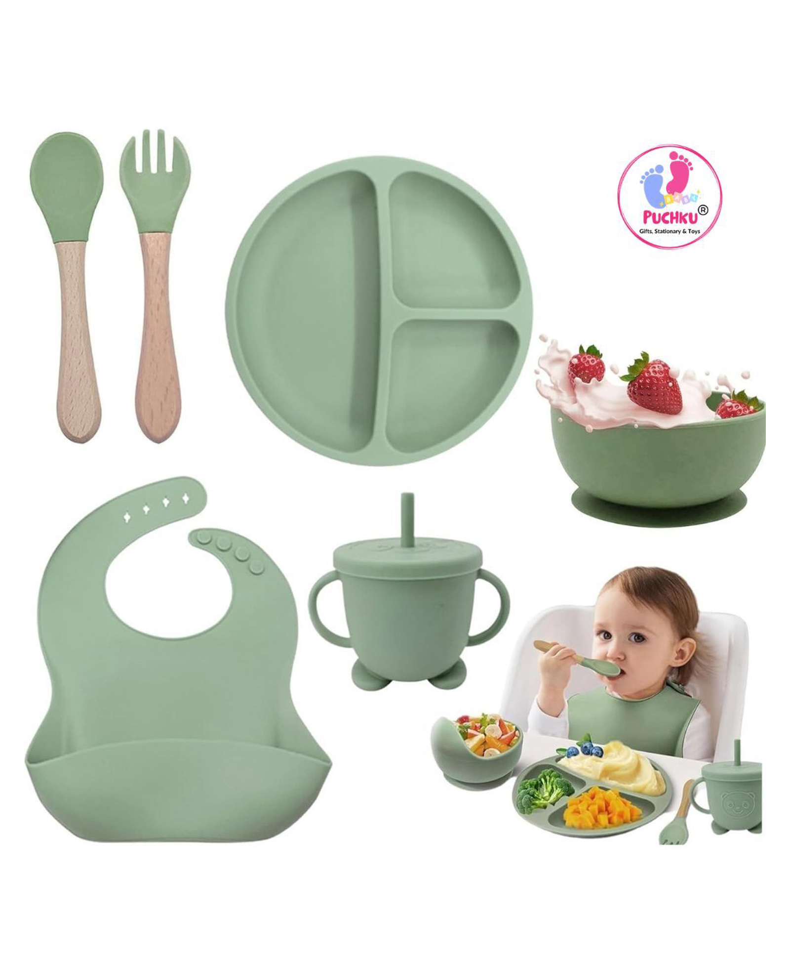 Puchku 6 Pcs Silicone Baby Feeding Set, BPA Free & Microwave Safe Dinner Tableware Kit - Feeding Bowl, Suction Plate, Cup, Spoon, Fork & Bib for Kids ( Pack of 1, Dusky Green)-image-12