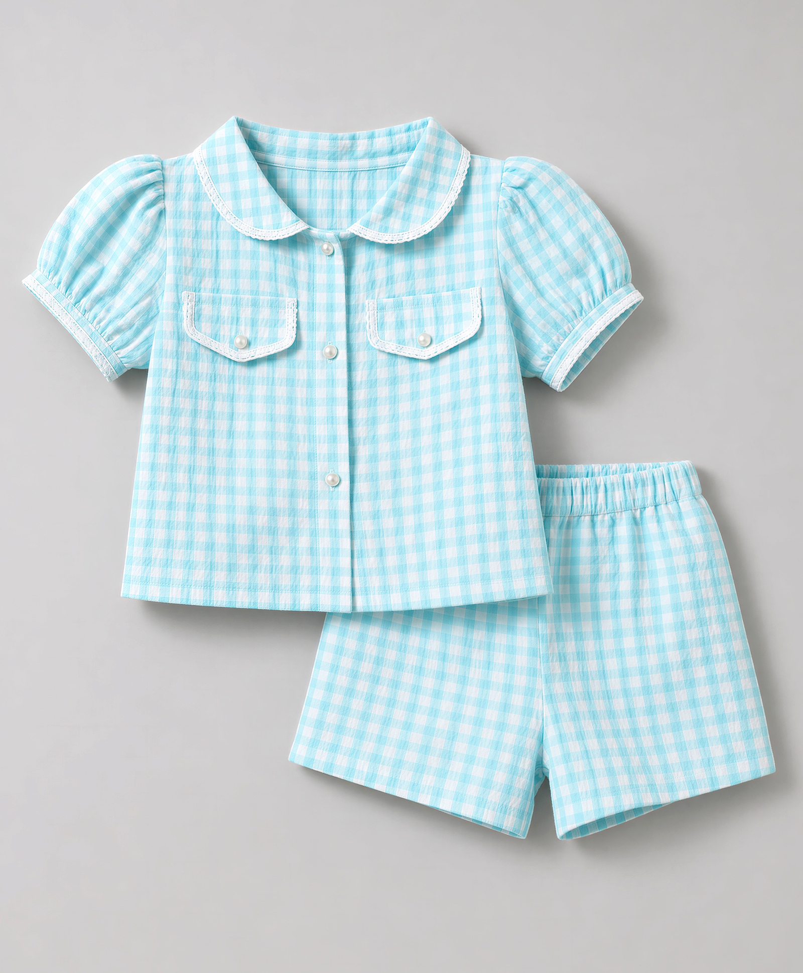 ToffyHouse Cotton Woven Half Puffed Sleeves Checkered Top & Shorts Co-Ord Set - Light Blue-image-30