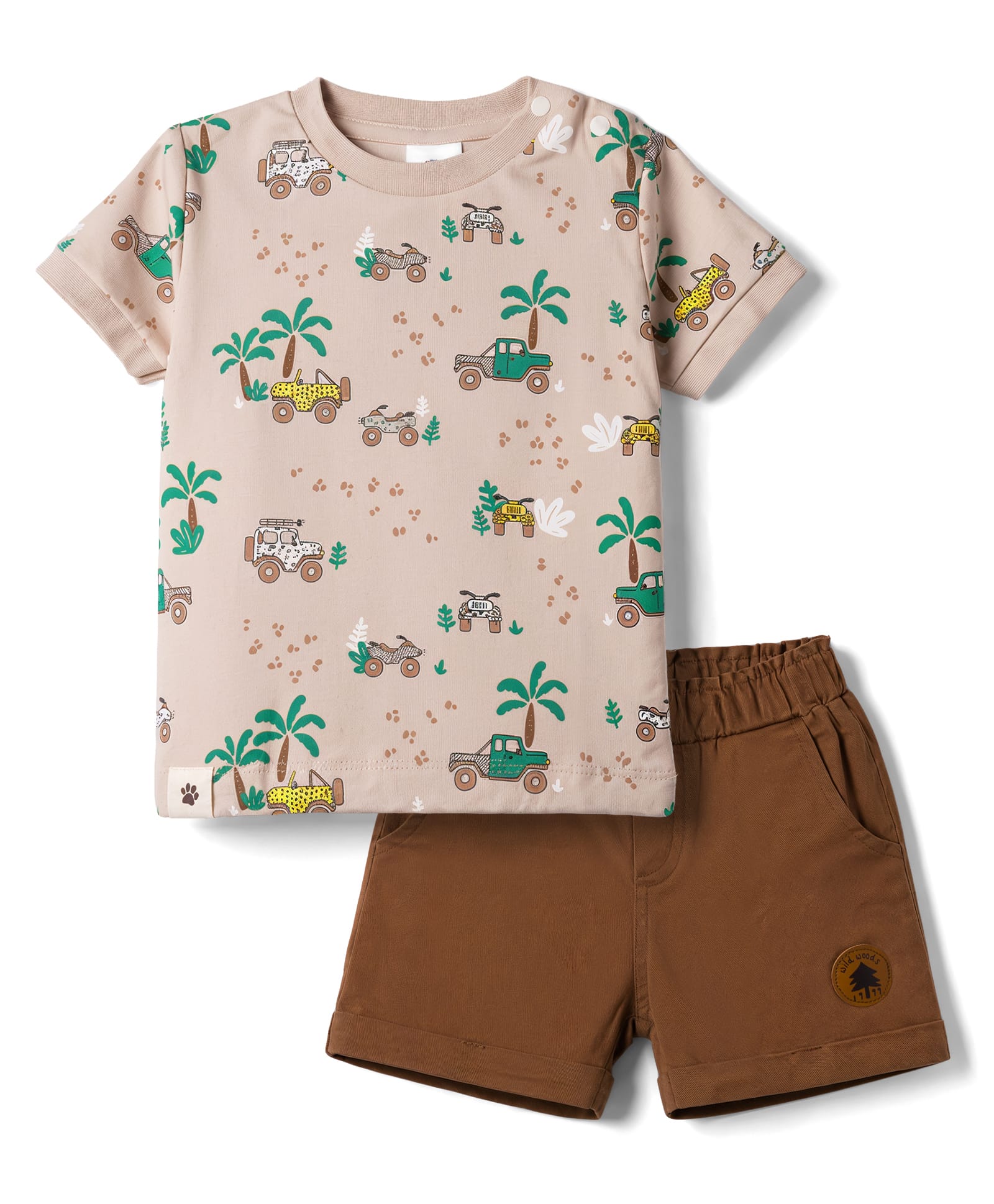Ollypop Interlock Knit Half Sleeves Beach Theme Printed T-Shirt & Shorts Set - Ivory-image-0