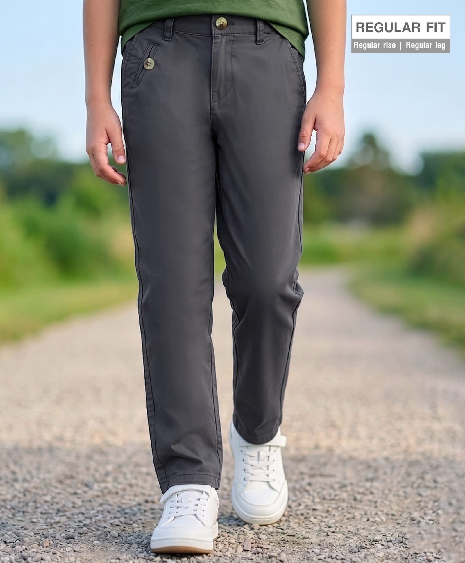 Pine Kids Cotton Elastane Woven Full Length Solid Color Trousers - Grey-picture-27
