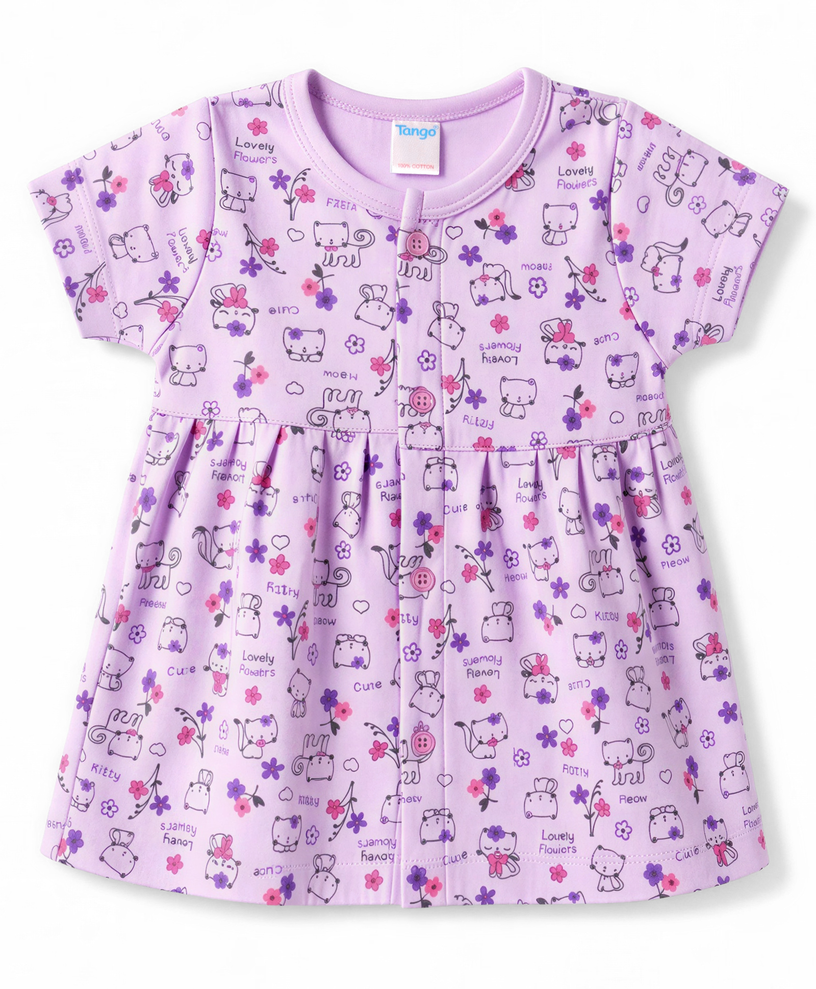 Tango Interlock Knit Half Sleeves Frock Floral & Kitty Print - Mauve-picture-32