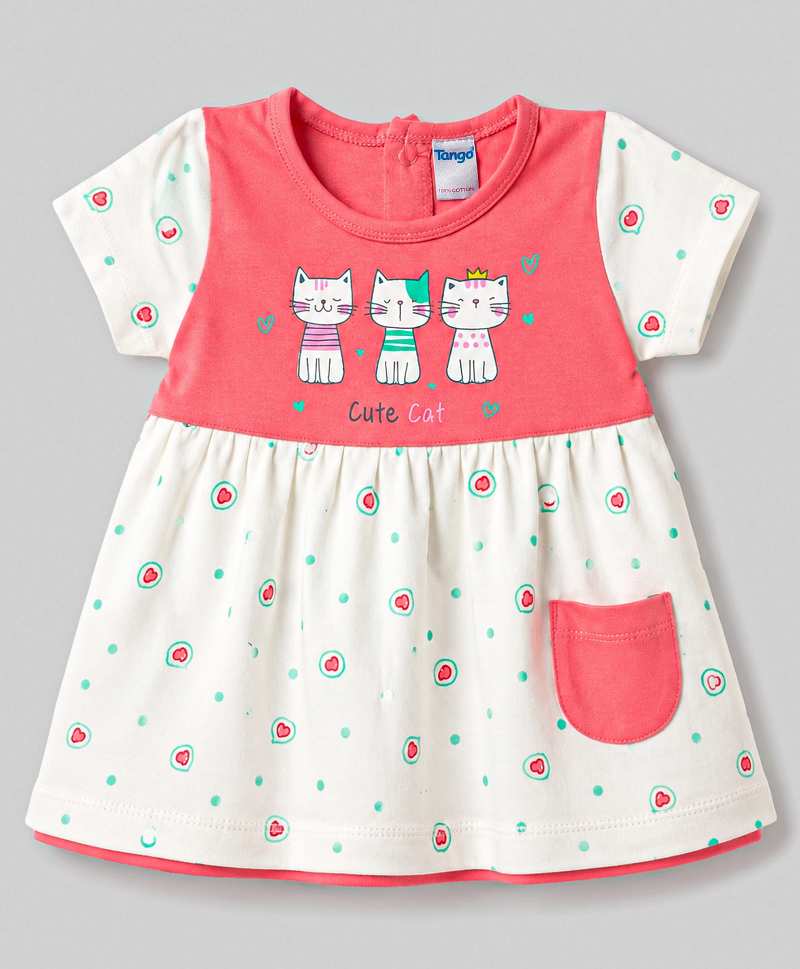 Tango Single Jersey Knit Half Sleeves Frock Kitty & Heart Print - Coral-image-46