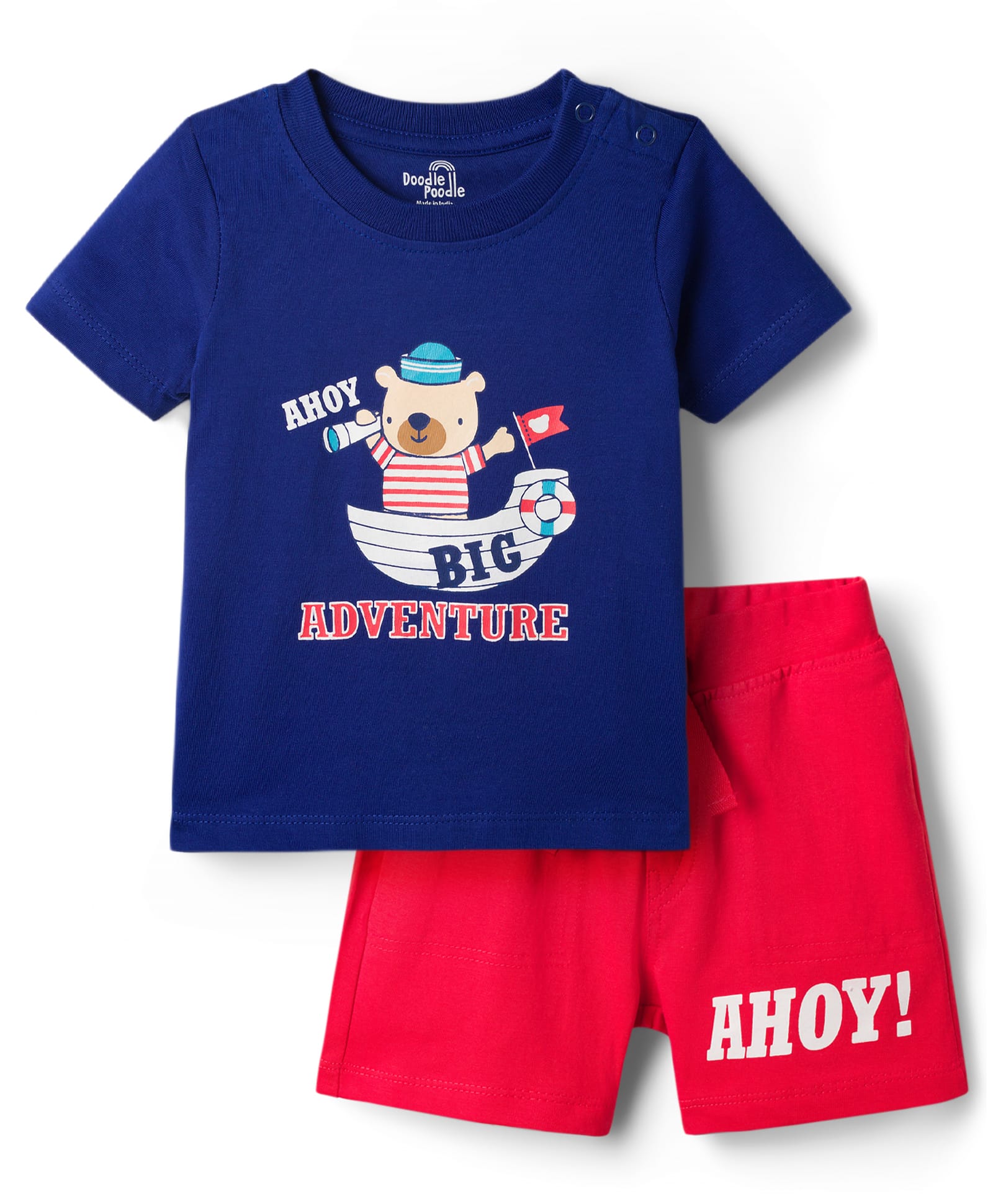 Doodle Poodle 100% Cotton Single Jersey Knit Half Sleeves T-Shirt & Shorts Set With Bear & Boat Print - Navy Blue & Red-picture-31