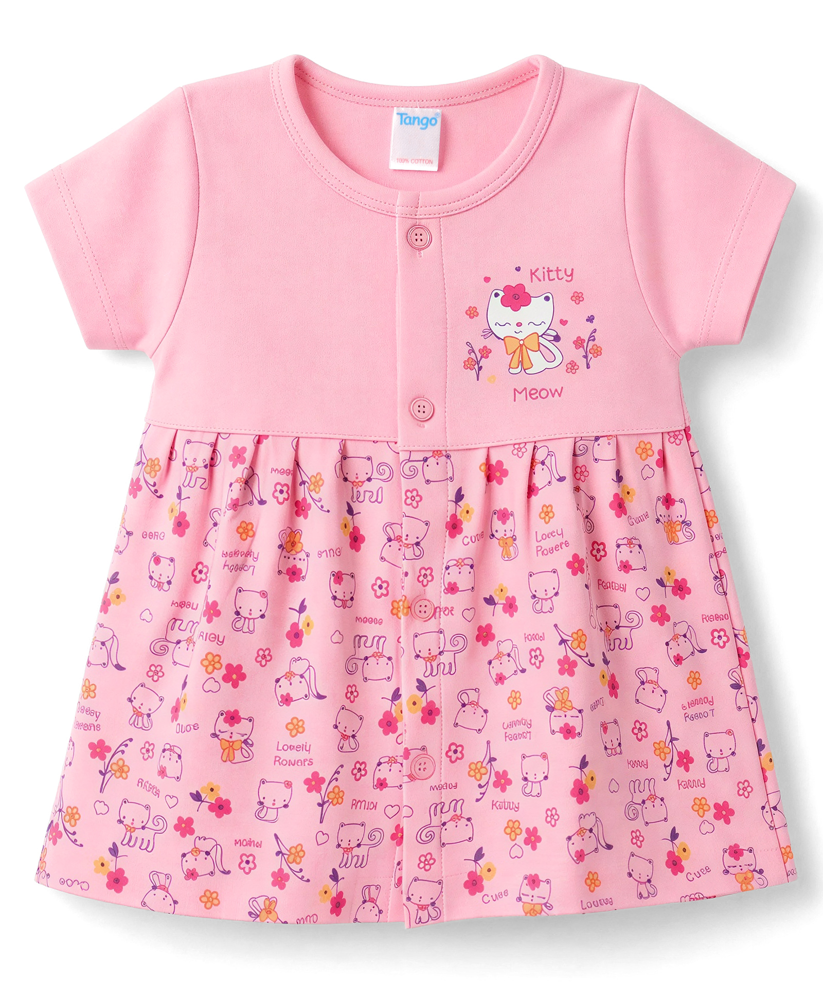 Tango Interlock Knit Half Sleeves Frock Floral & Kitty Print - Pink-image-24