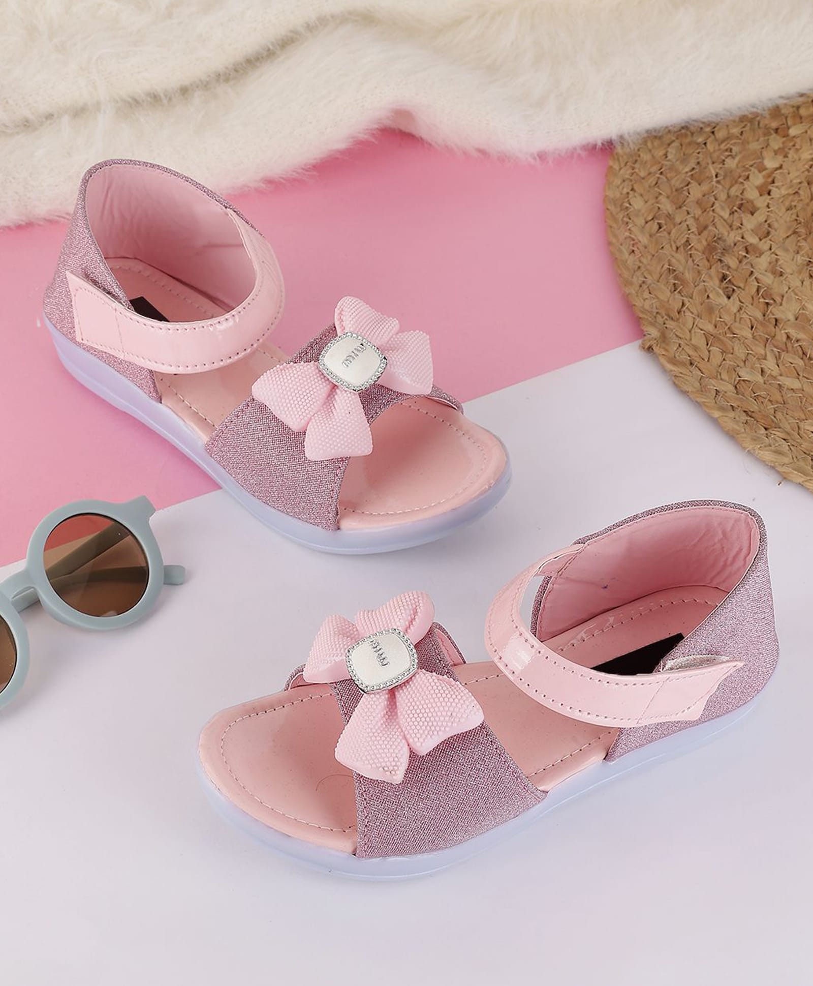 PASSION PETALS Stone Embellished Bow Applique Detailed Velcro Closure Sandals - Pink-picture-17