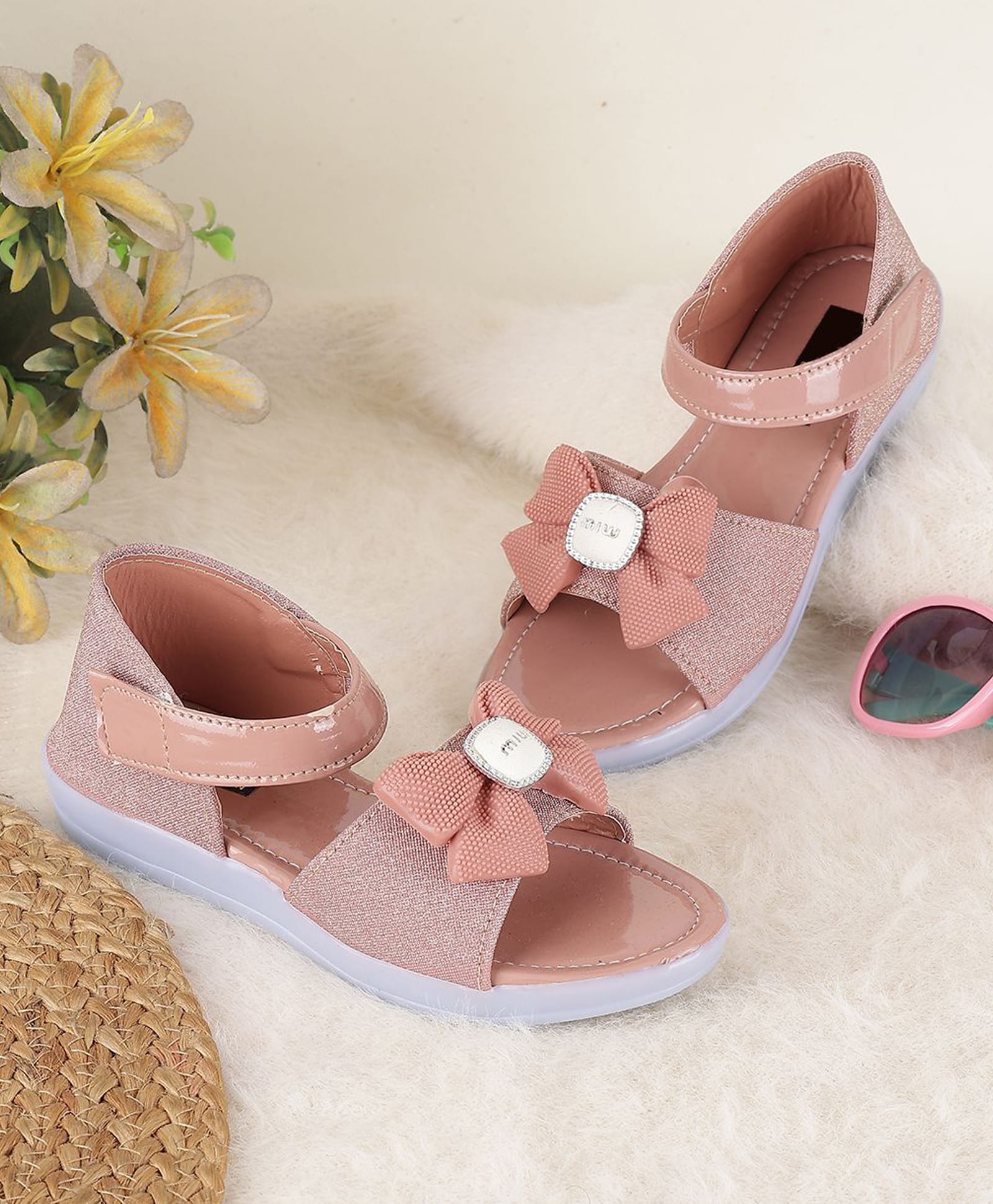 PASSION PETALS Stone Embellished Bow Applique Detailed Velcro Closure Sandals - Peach-picture-10
