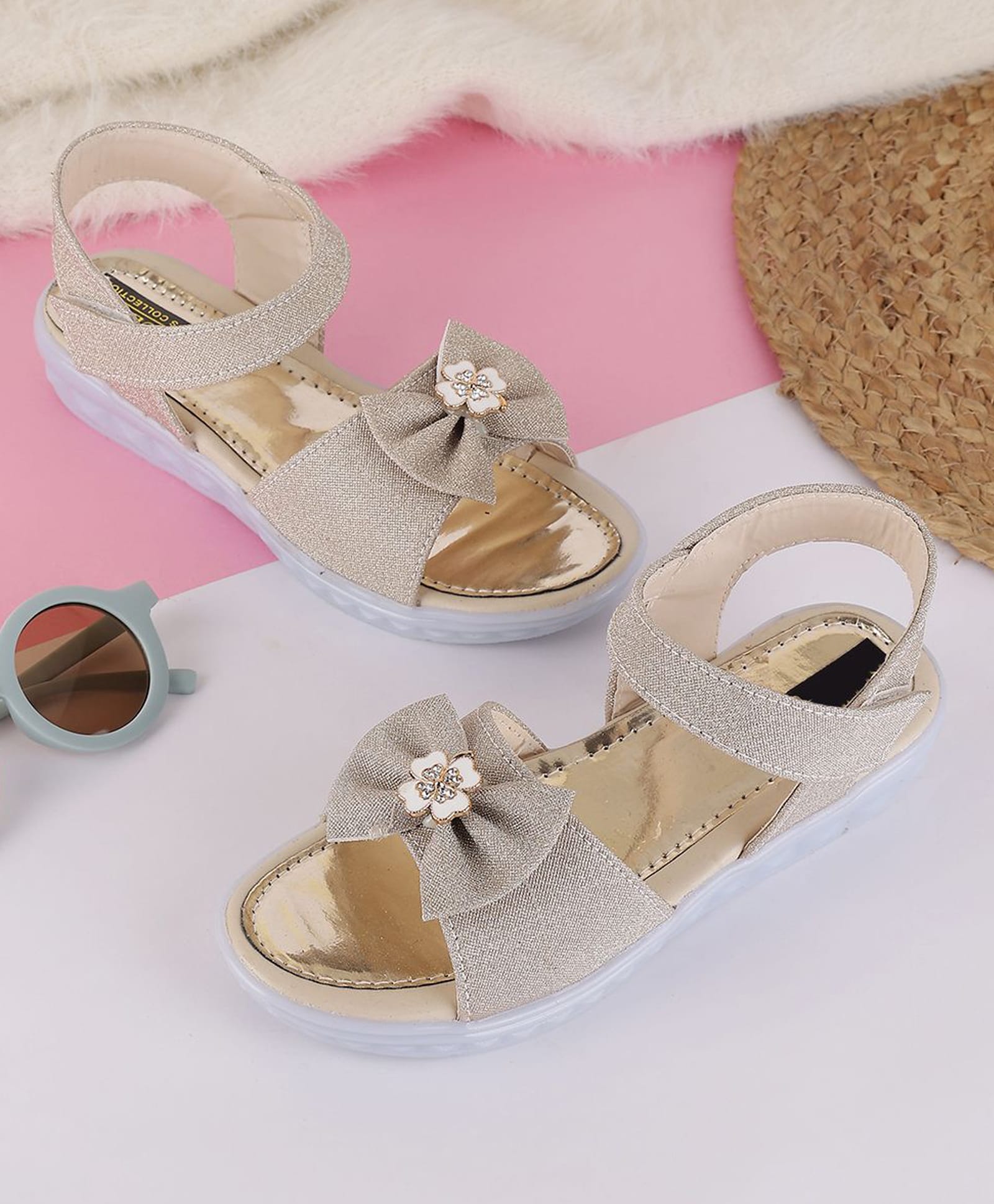 PASSION PETALS Stone Embellished Bow Applique Detailed Velcro Closure Sandals - Gold-picture-17