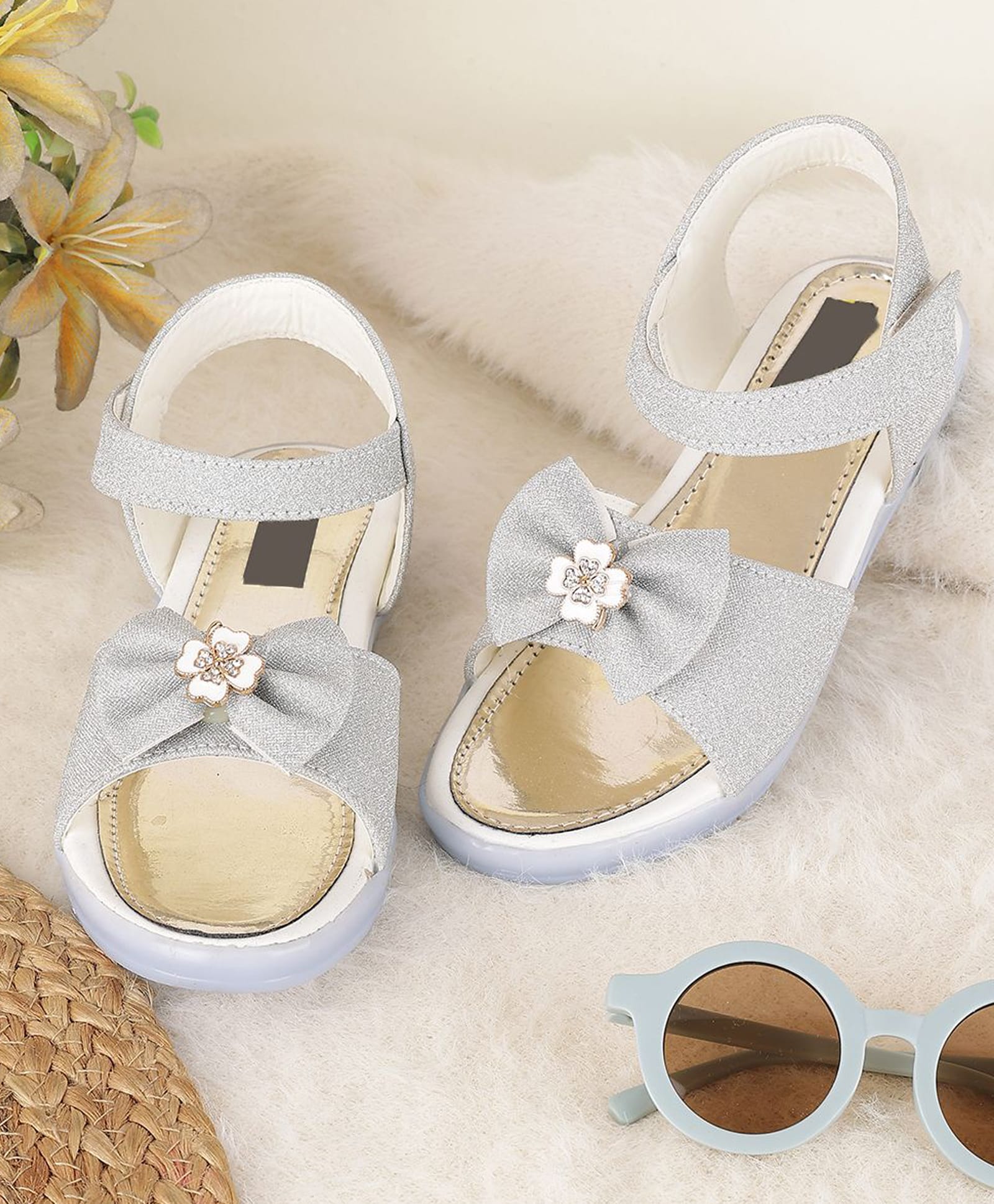 PASSION PETALS Stone Embellished Bow Applique Detailed Velcro Closure Sandals - Silver-picture-24