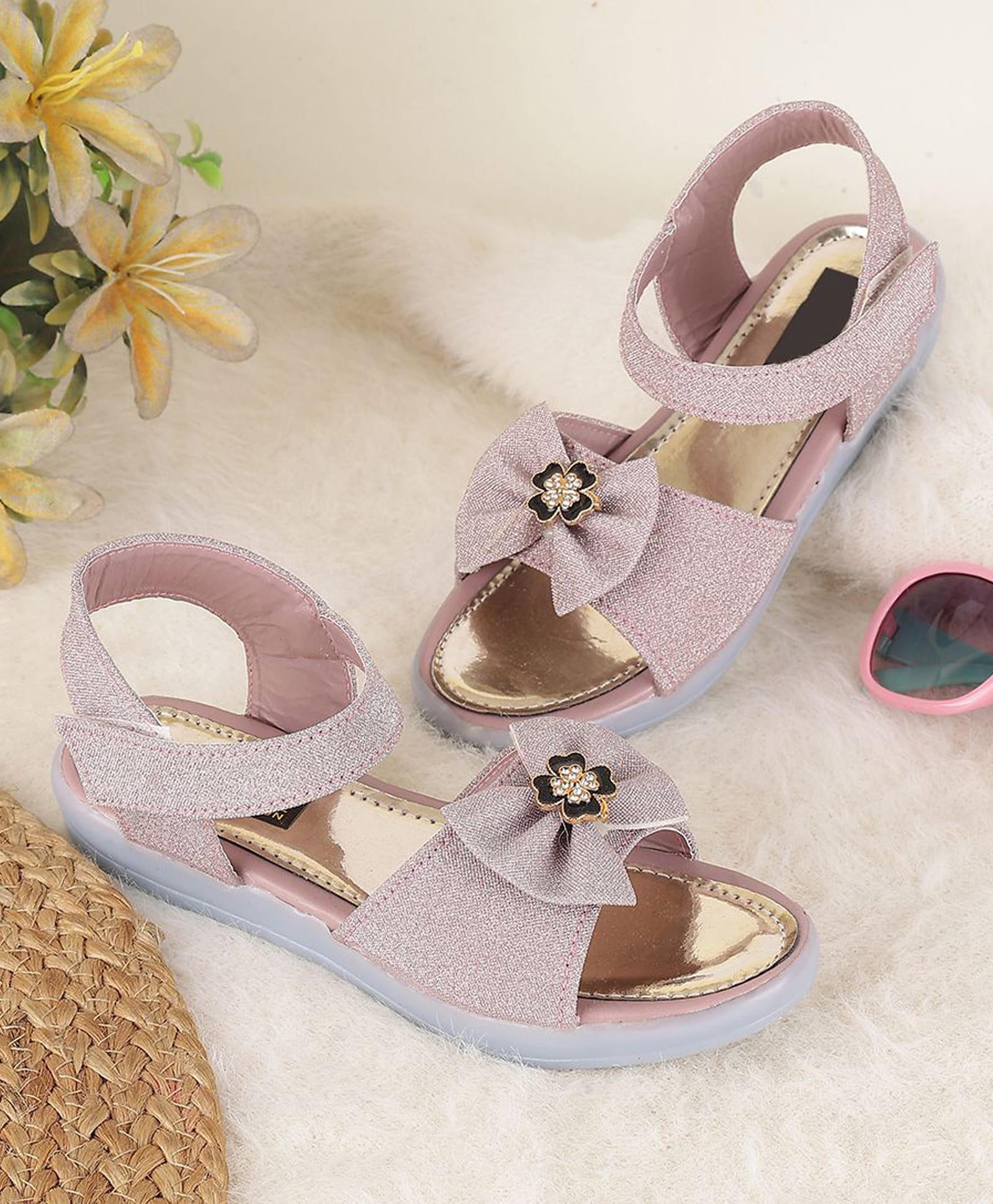 PASSION PETALS Stone Embellished Bow Applique Detailed Velcro Closure Sandals - Purple-picture-15