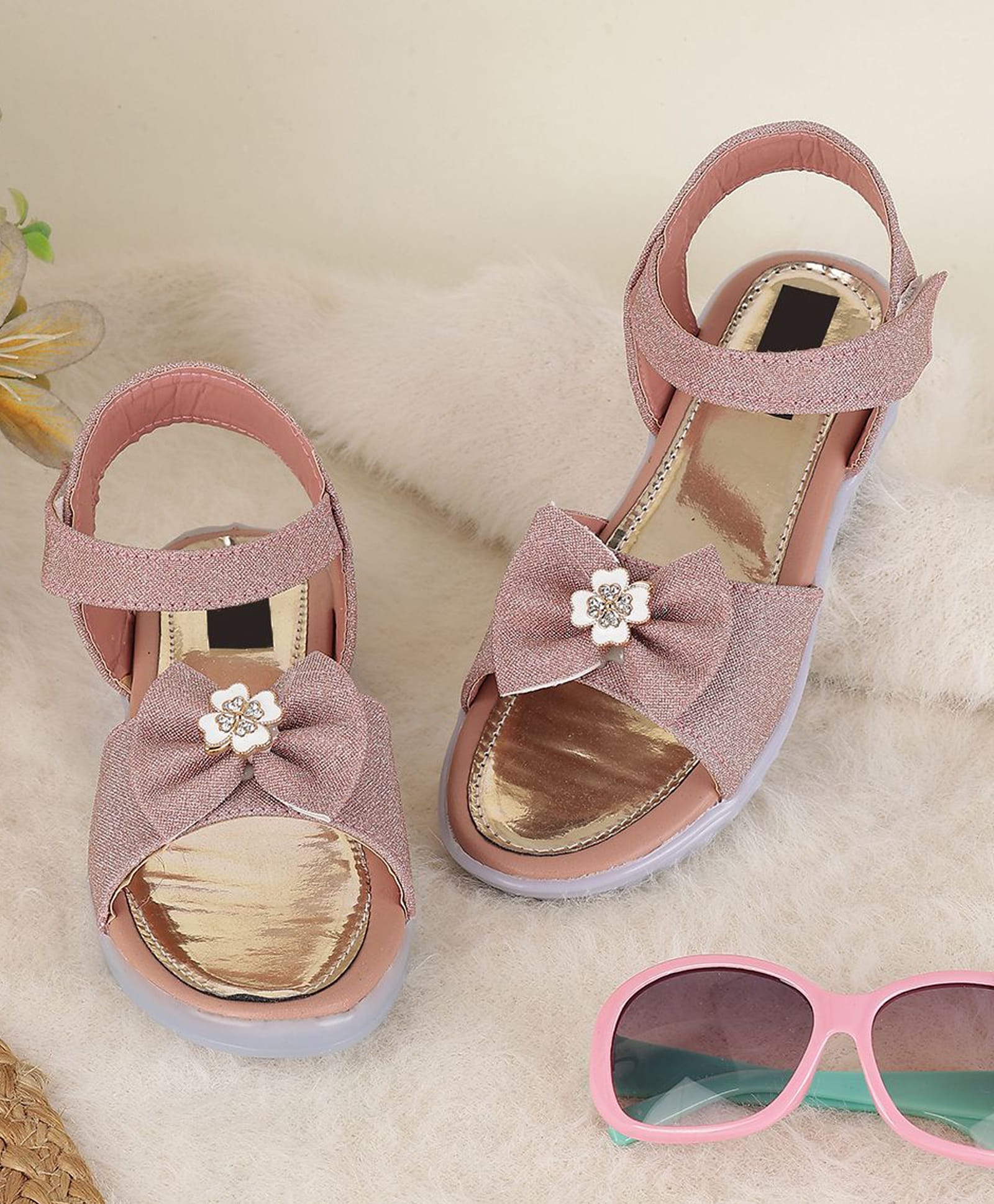 PASSION PETALS Stone Embellished Bow Applique Detailed Velcro Closure Sandals - Pink-picture-24