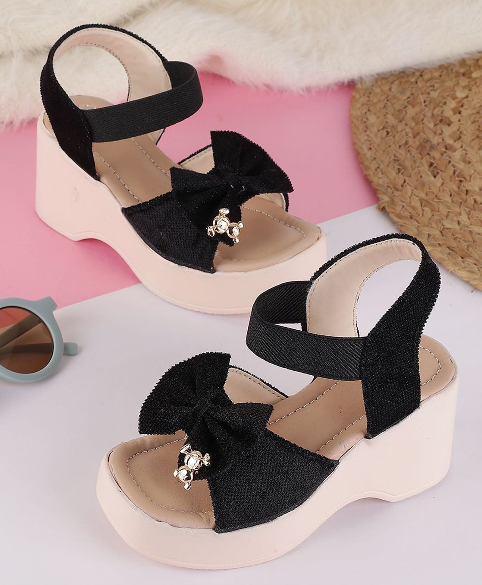 PASSION PETALS Teddy Embellished Bow Applique Detailed Back Strap Closure Sandals - Black-picture-16