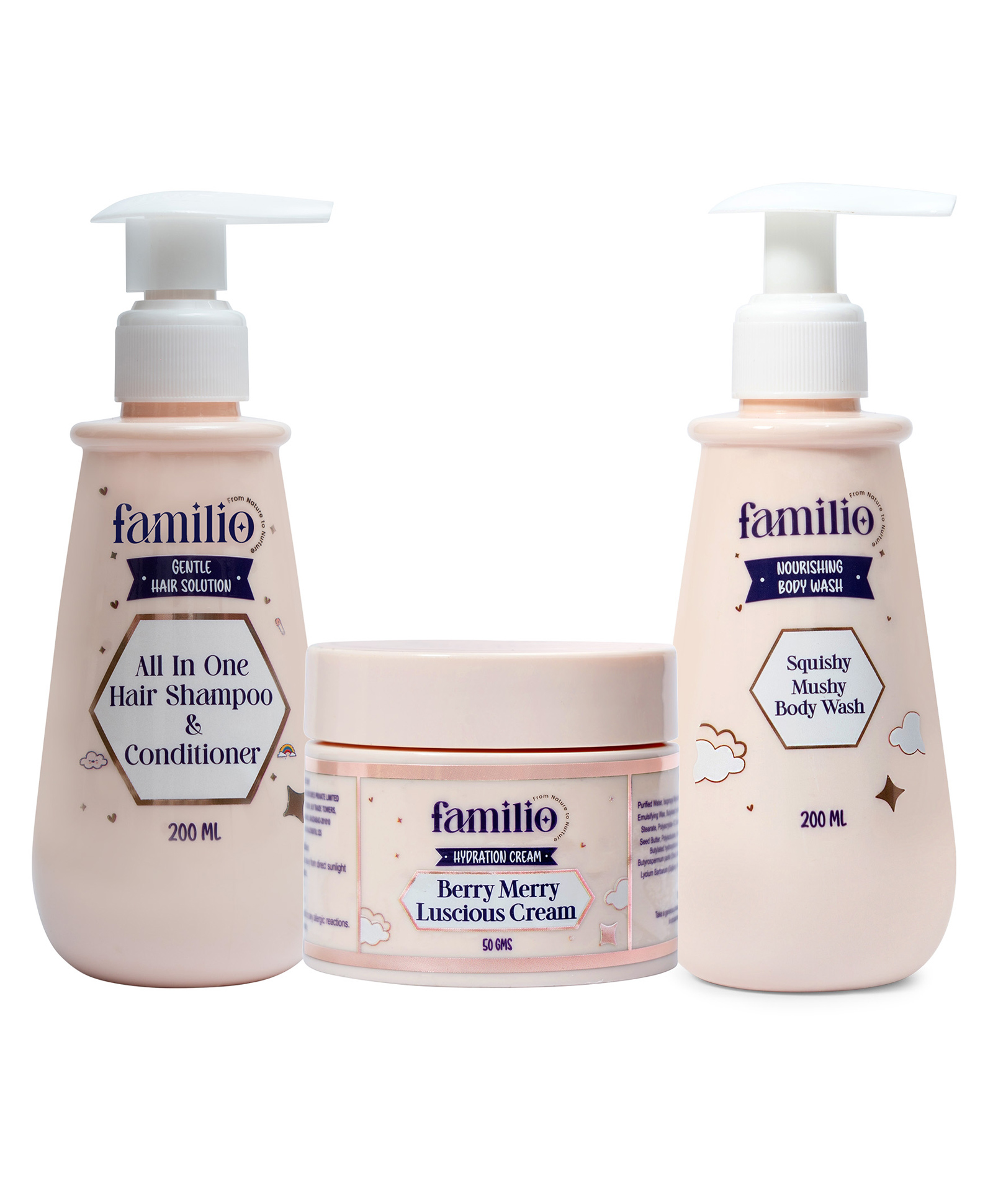 Familio Kids Bath & Hair Care Combo Set for Kids, All in One Shampoo & Conditioner 200 ml, Squishy Mushy Body Wash 200 ml, Berry Merry Luscious Cream 50 g, 3 Piece Set-picture-20