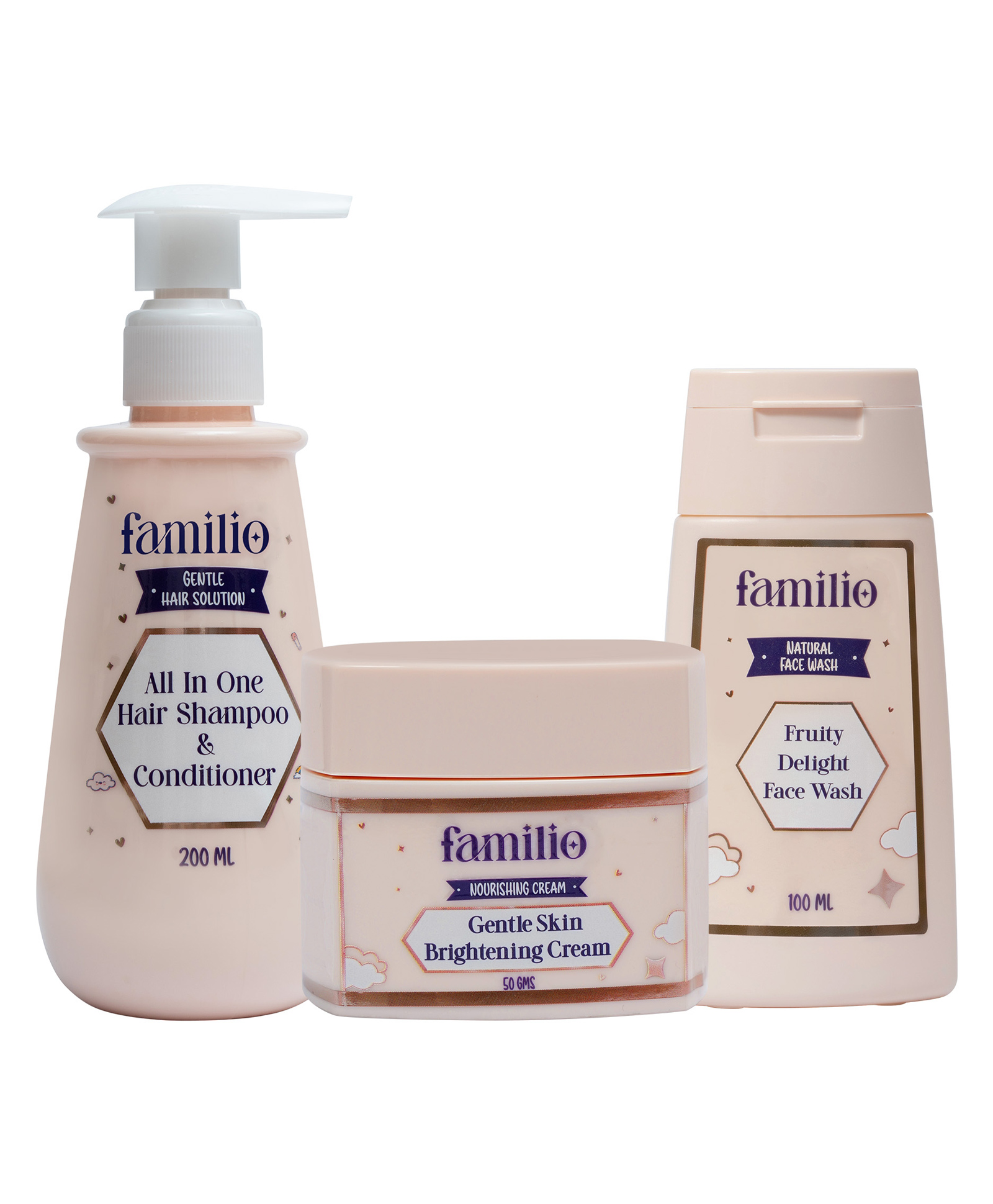 Familio Daily Grooming Trio Set for Kids, All in One Shampoo & Conditioner 200 ml, Gentle Skin Brightening Cream 50 g, Fruity Delight Face Wash 100 ml, with Aloe Vera, Biotin, Keratin-picture-24