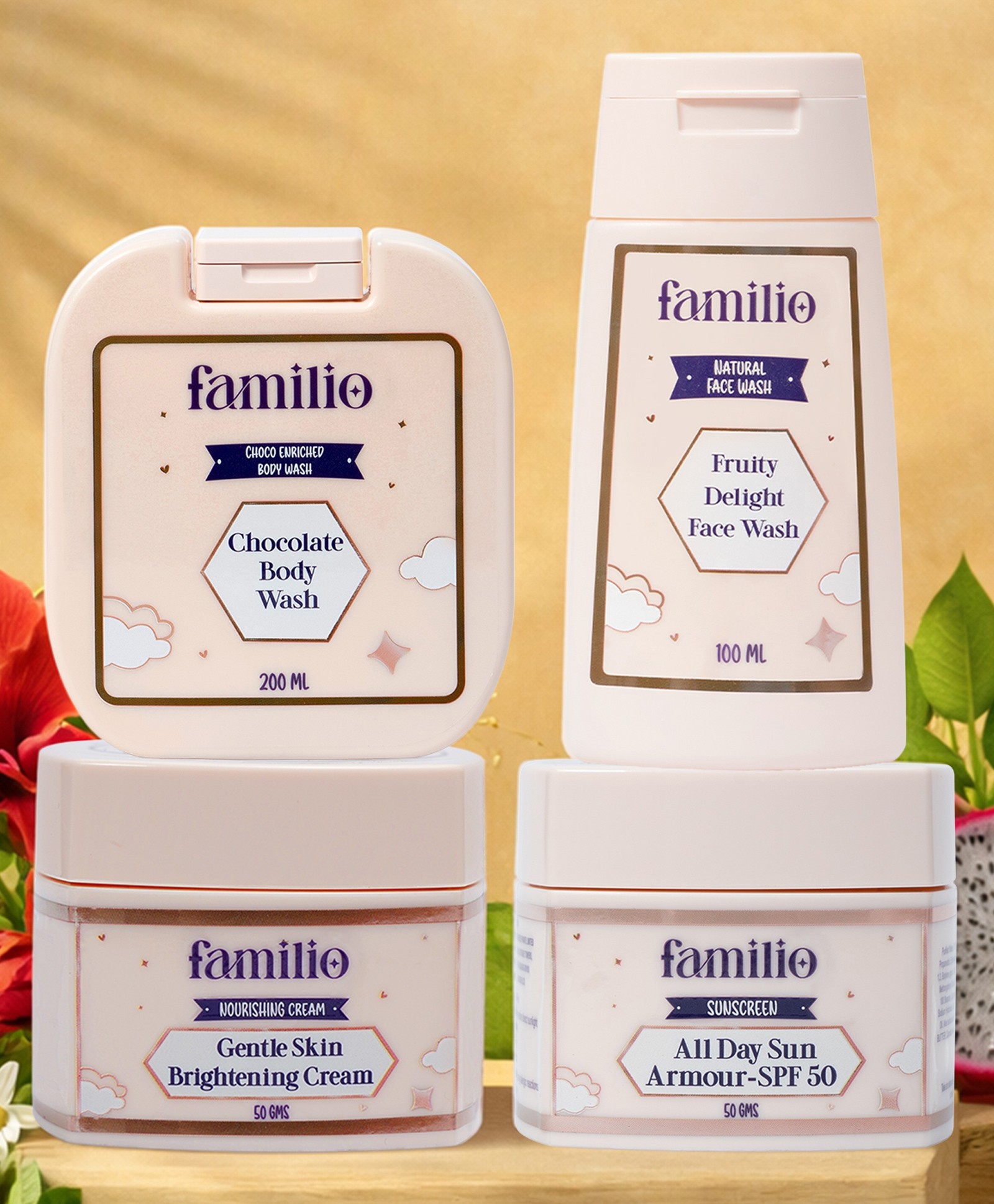 Familio Sensitive Skin Care Combo for Kids, Chocolate Body Wash 200 ml, Fruity Delight Face Wash 100 ml, Gentle Skin Brightening Cream 50 g, All Day Sun Armour SPF 50 Sunscreen 50 g-picture-13