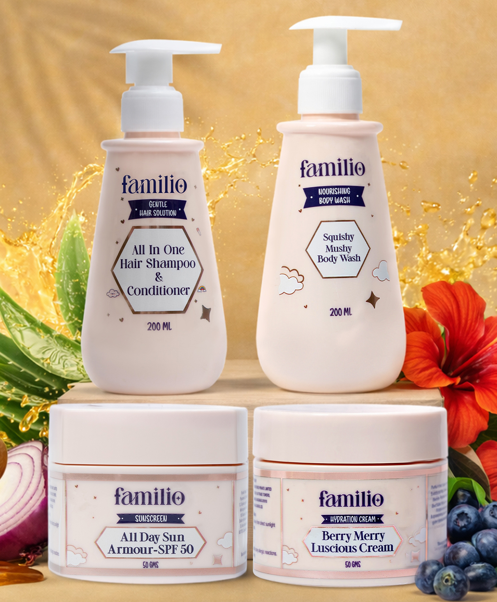 Familio Kids Daily Care Combo for Kids, All in One Shampoo & Conditioner 200 ml, Body Wash 200 ml, Luscious Cream 50 g, Sun Armour SPF 50 50 g, 4 Piece Set-picture-19