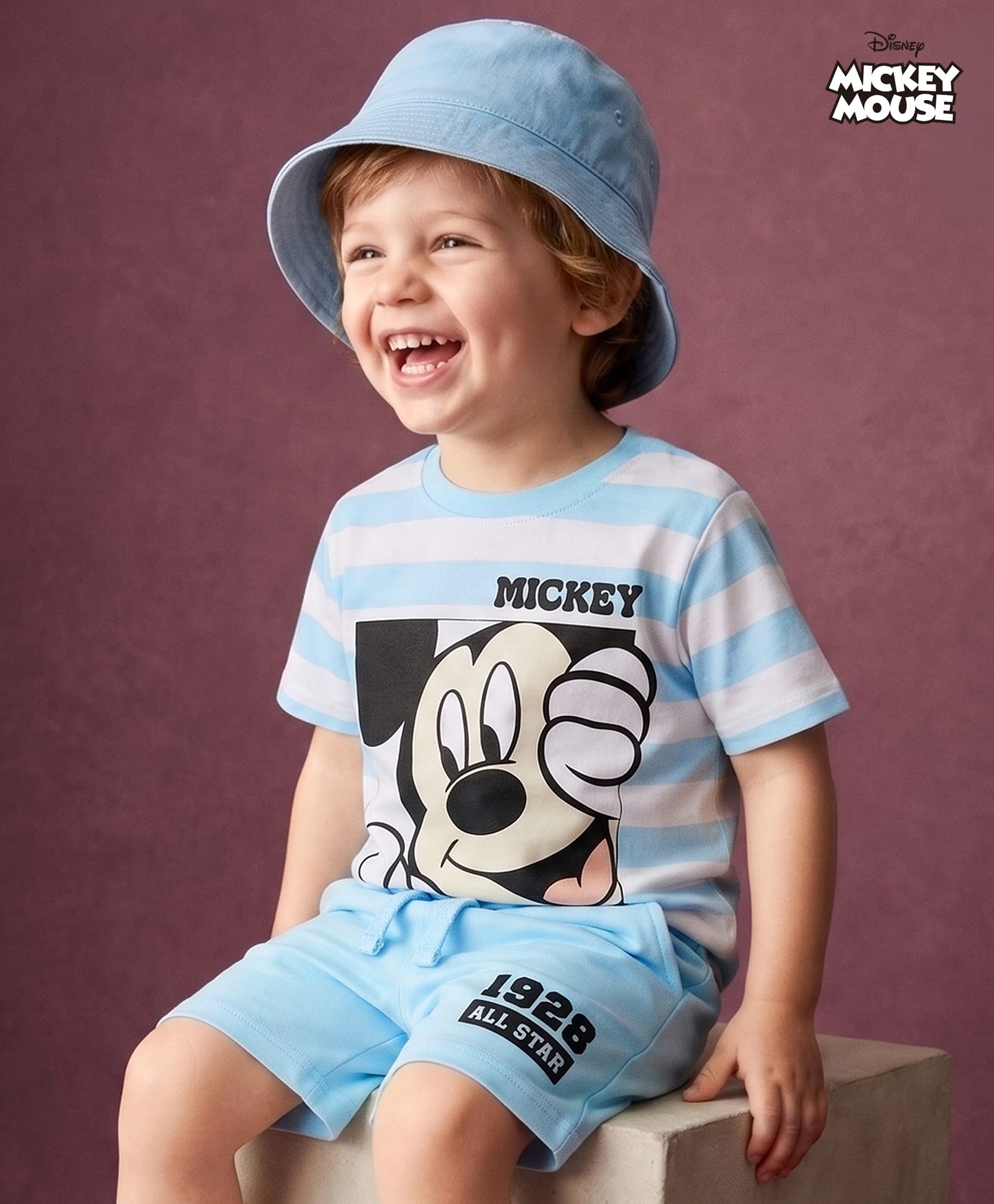 Babyhug Disney 100% Cotton Knit Half Sleeves T-Shirt & Shorts Set With Striped & Mickey Mouse Graphic - Light Blue-picture-15