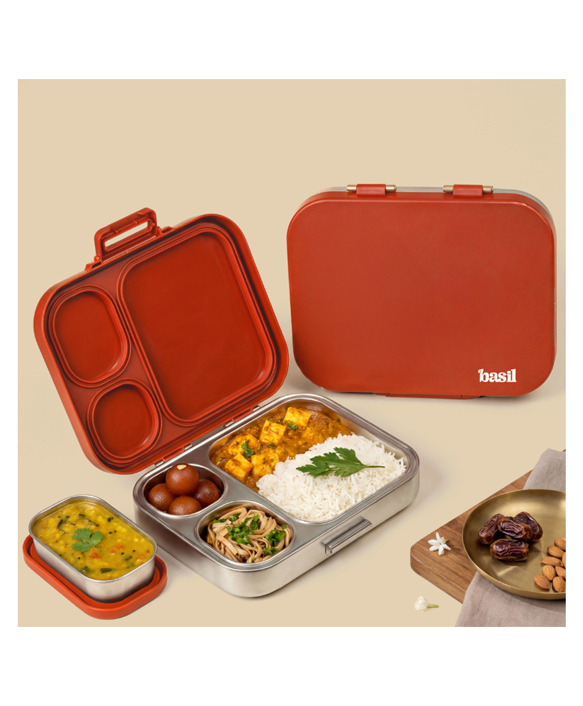 Basil Bento Box Quad Plus 4 Compartment Stainless Steel Lunch Box 1020ml BPA Free Lid Leak Proof - Desi Mitti-image-49
